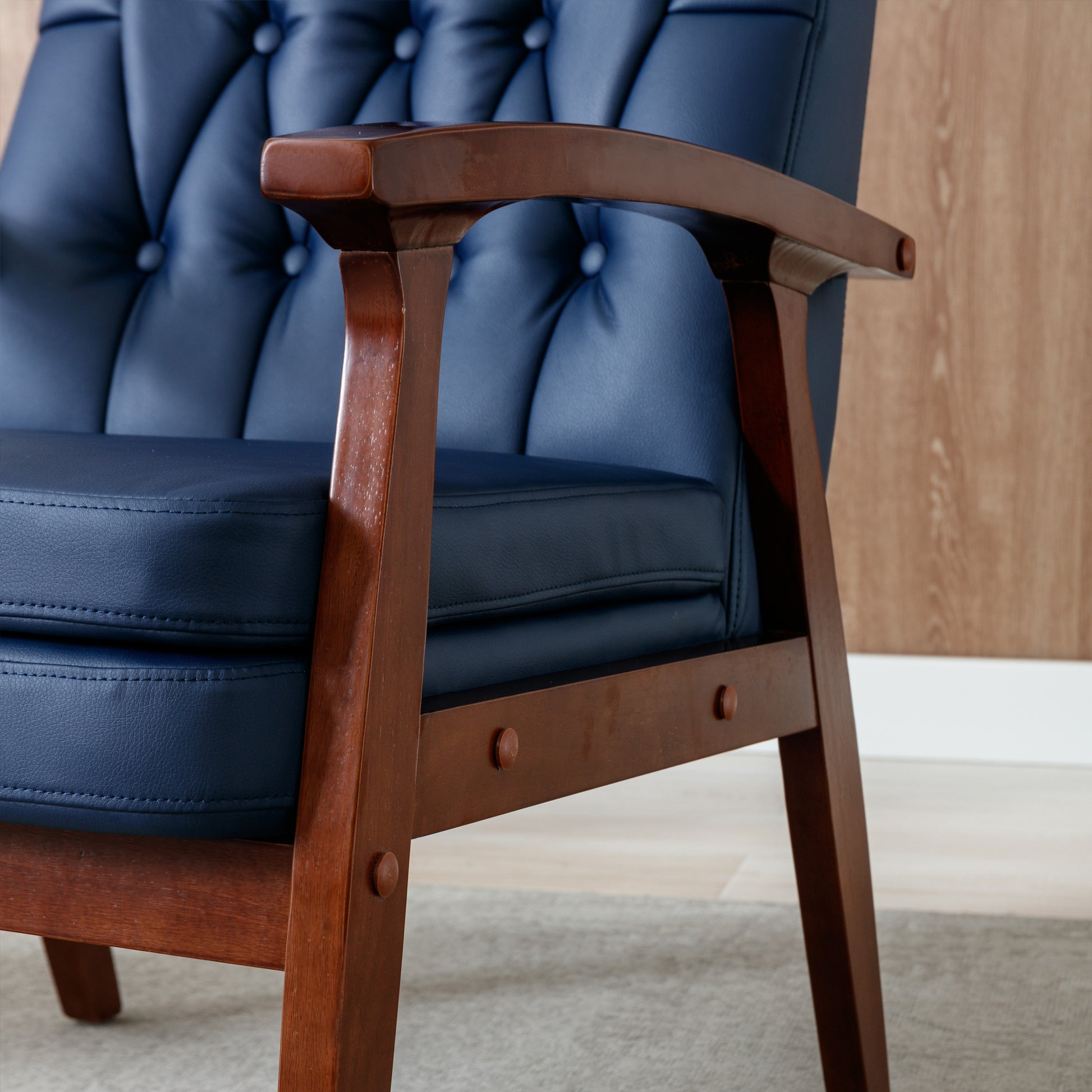 Mid Century Single Armchair Sofa Accent Chair Retro Modern Solid Wood Armrest Accent Chair, Fabric Upholstered Wooden Lounge Chair Navy Navy Pu