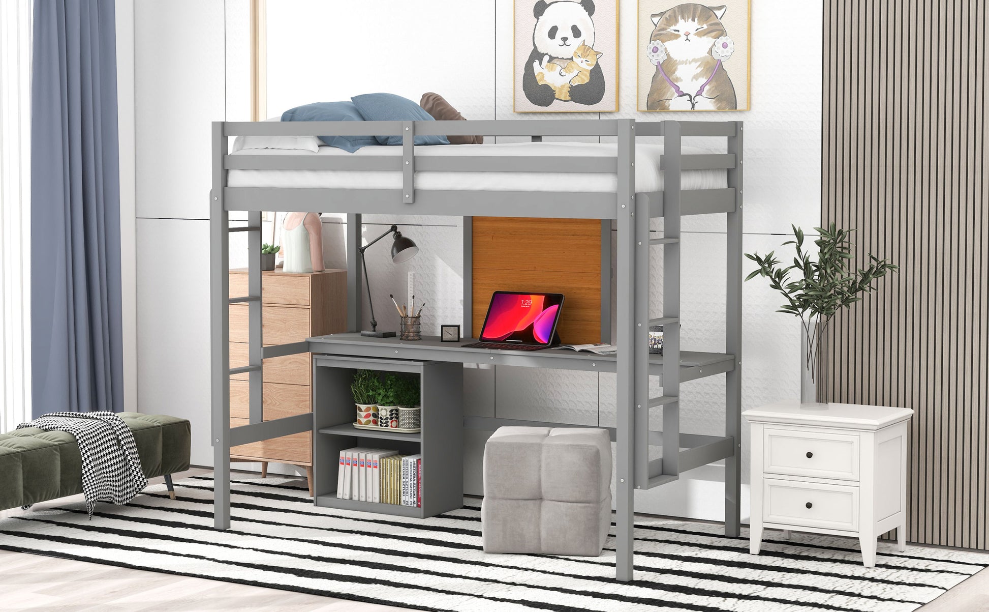 Twin Size Loft Bed With Desk And Writing Board, Wooden Loft Bed With Desk & 2 Drawers Cabinet Gray Gray Solid Wood