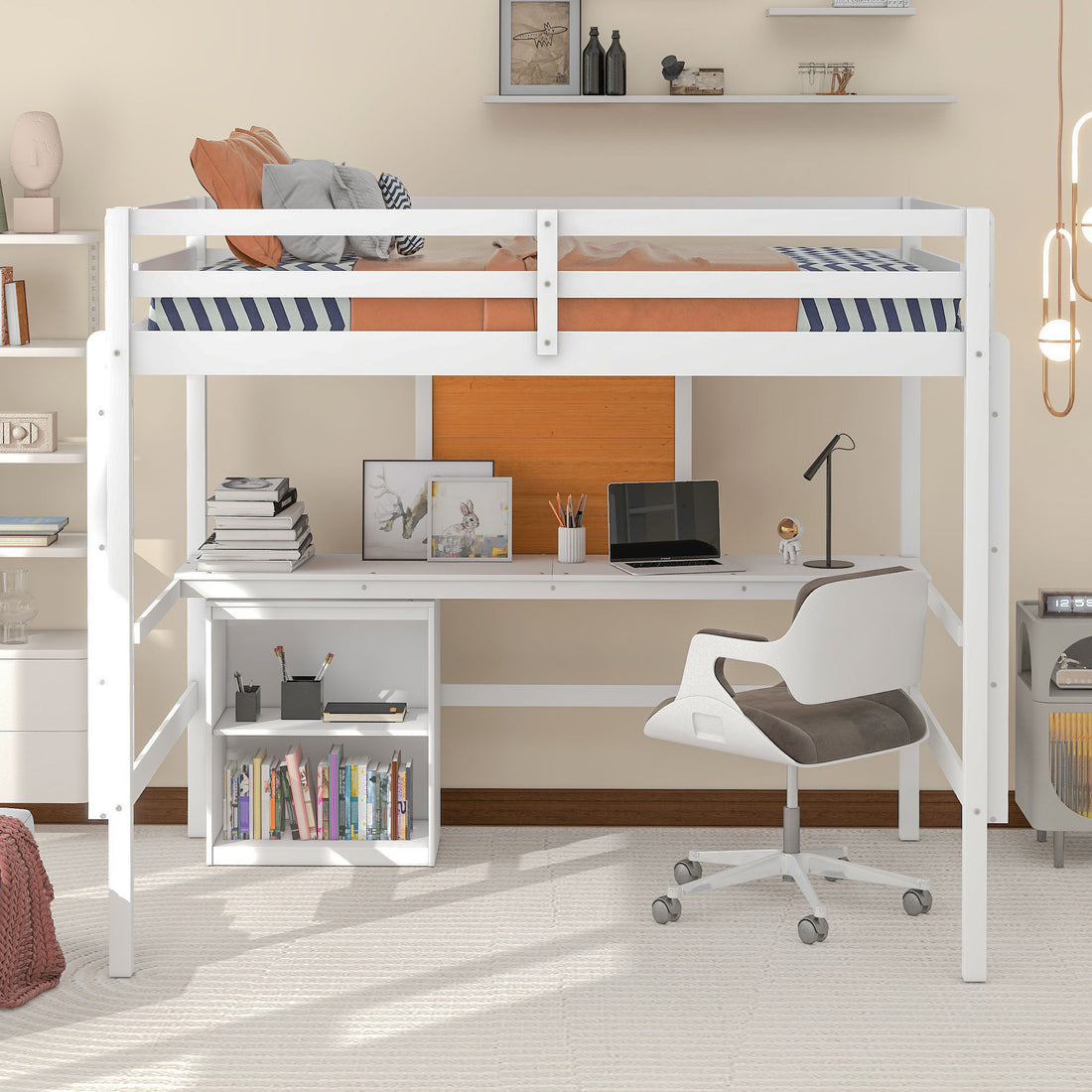 Full Size Loft Bed With Desk And Writing Board, Wooden Loft Bed With Desk & 2 Drawers Cabinet White White Solid Wood