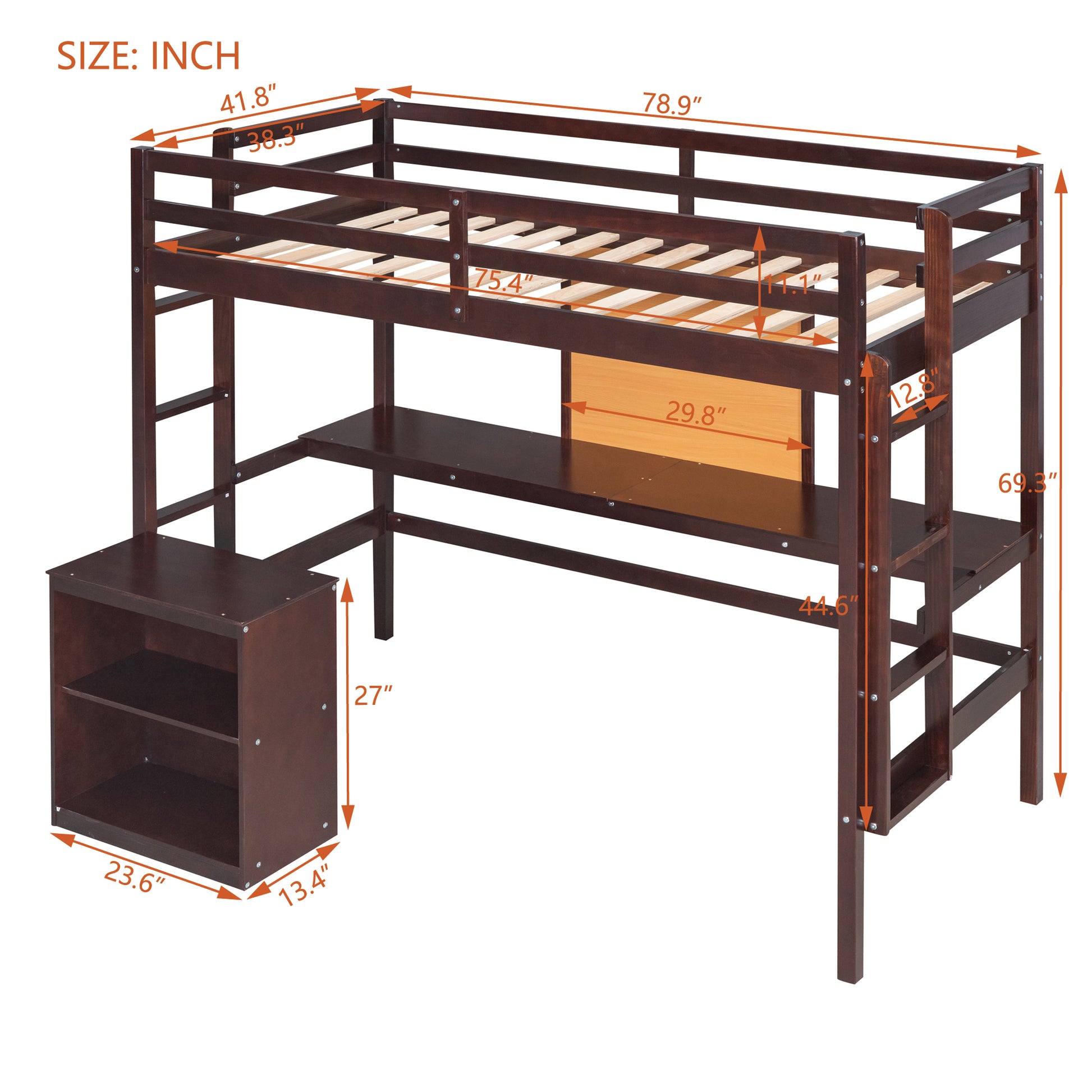 Twin Size Loft Bed With Desk And Writing Board, Wooden Loft Bed With Desk & 2 Drawers Cabinet Espresso Espresso Solid Wood