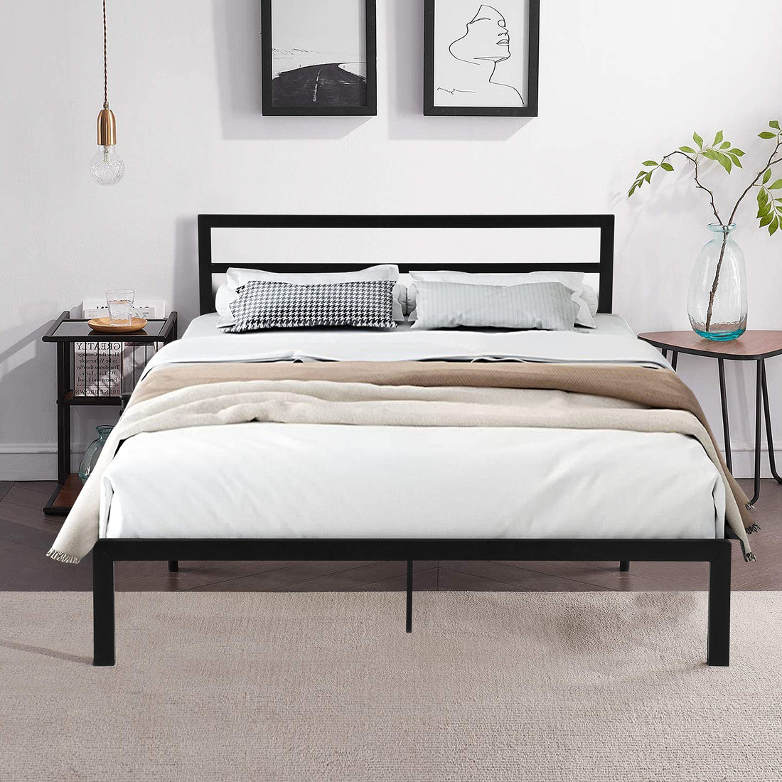 Queen Size Metal Bed Frame With Headboard Black Black Metal