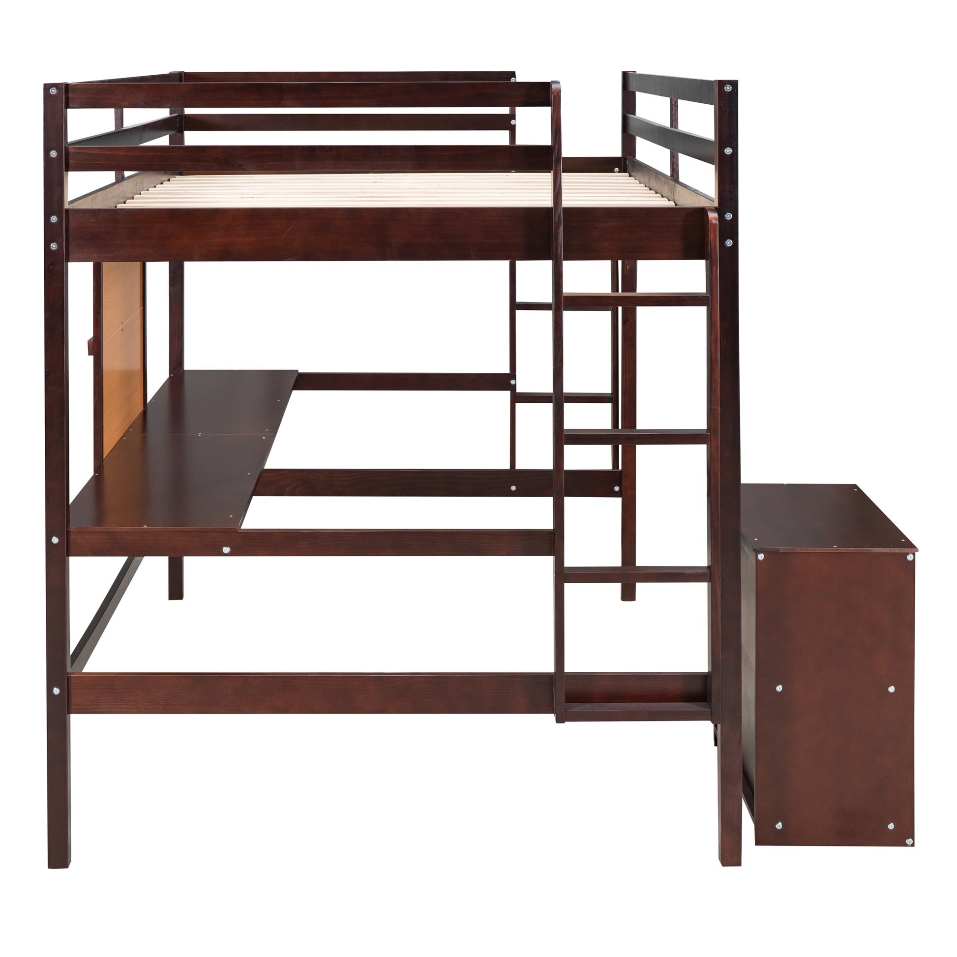 Full Size Loft Bed With Desk And Writing Board, Wooden Loft Bed With Desk & 2 Drawers Cabinet Espresso Espresso Solid Wood