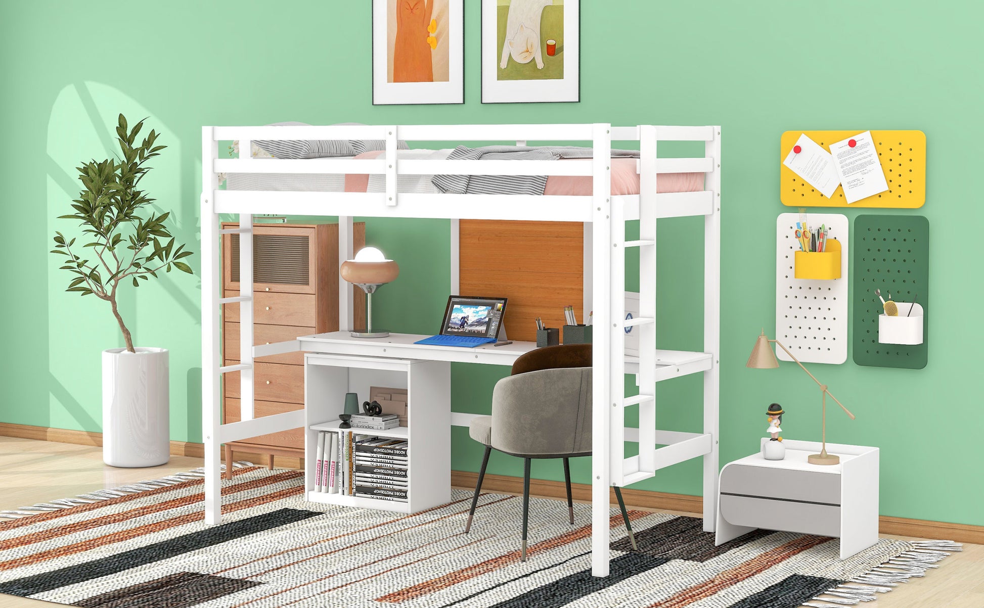 Twin Size Loft Bed With Desk And Writing Board, Wooden Loft Bed With Desk & 2 Drawers Cabinet White White Solid Wood