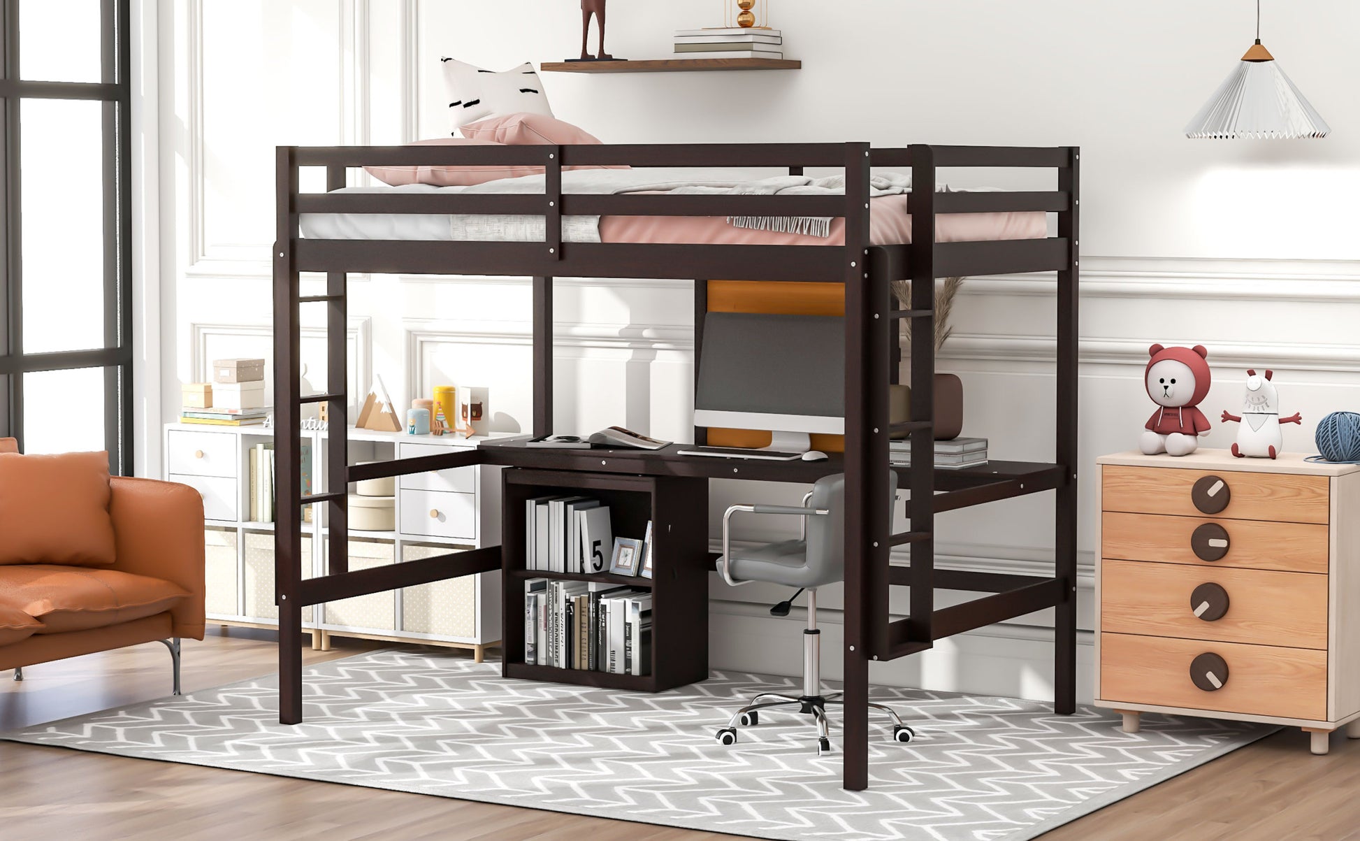 Full Size Loft Bed With Desk And Writing Board, Wooden Loft Bed With Desk & 2 Drawers Cabinet Espresso Espresso Solid Wood