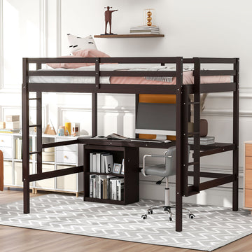 Full Size Loft Bed With Desk And Writing Board, Wooden Loft Bed With Desk & 2 Drawers Cabinet Espresso Espresso Solid Wood