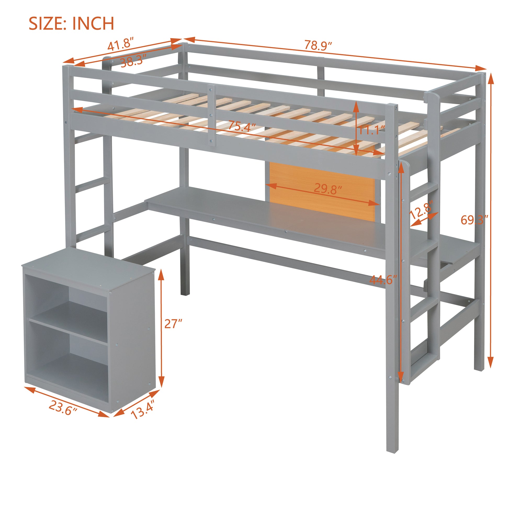 Twin Size Loft Bed With Desk And Writing Board, Wooden Loft Bed With Desk & 2 Drawers Cabinet Gray Gray Solid Wood