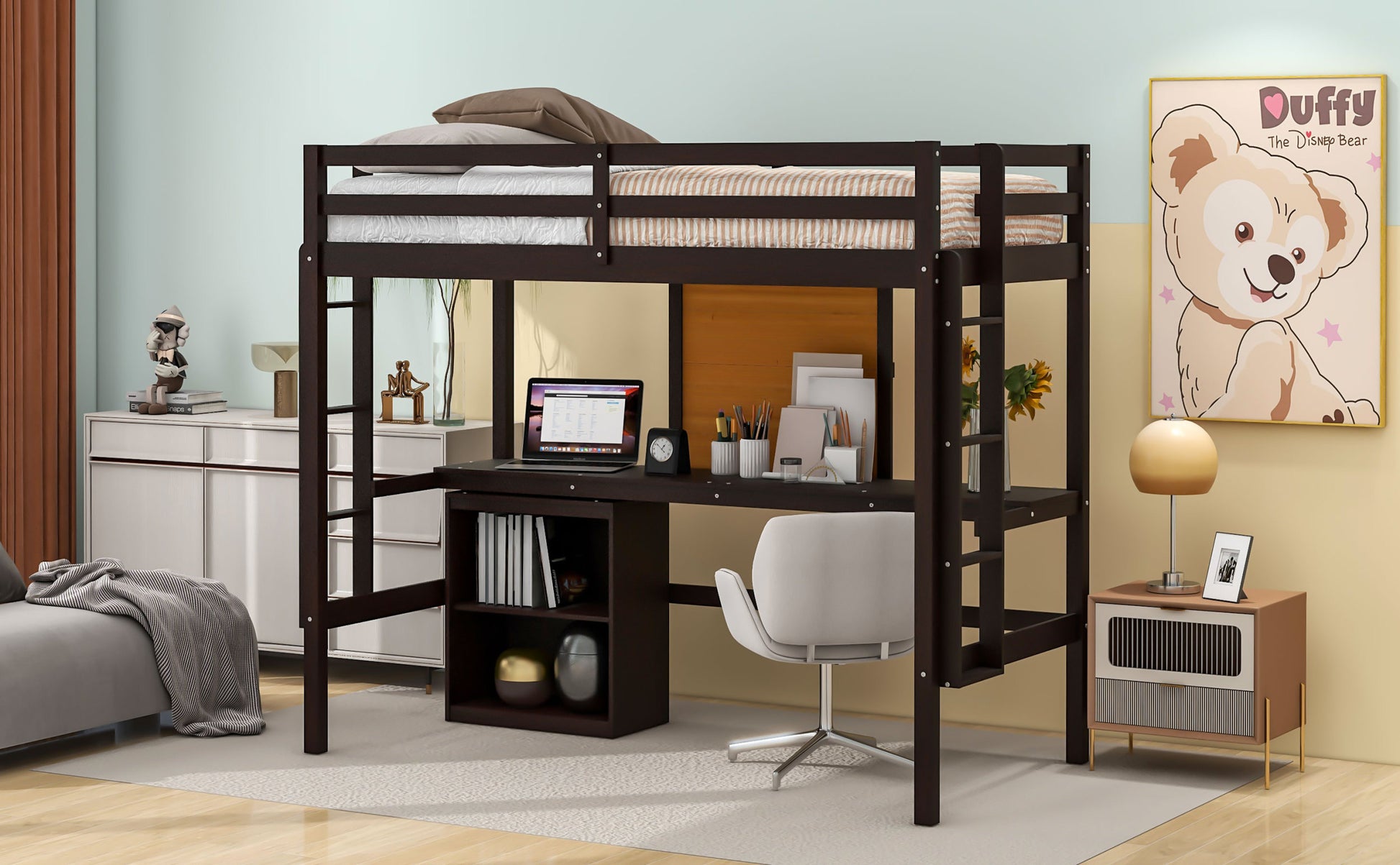 Twin Size Loft Bed With Desk And Writing Board, Wooden Loft Bed With Desk & 2 Drawers Cabinet Espresso Espresso Solid Wood