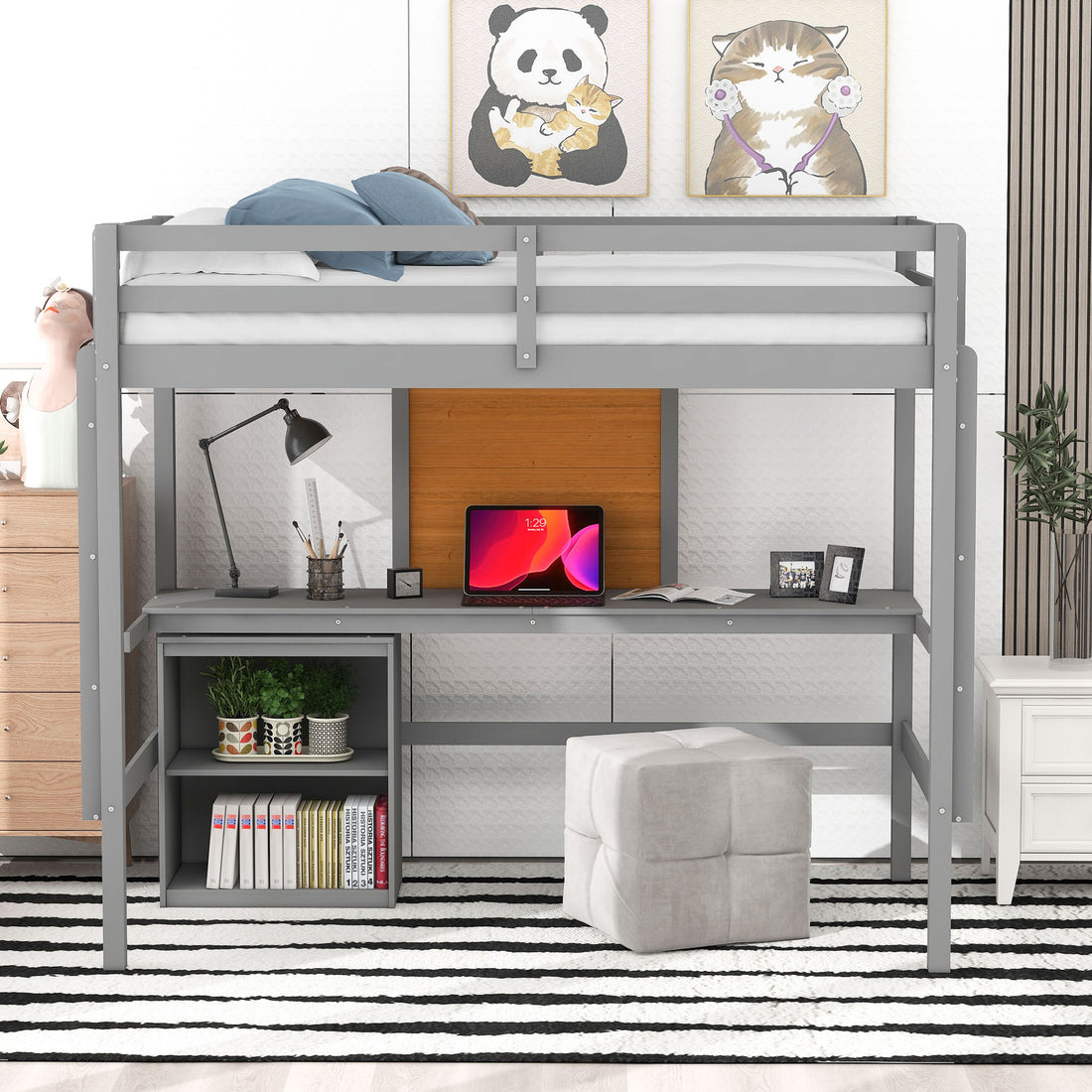 Twin Size Loft Bed With Desk And Writing Board, Wooden Loft Bed With Desk & 2 Drawers Cabinet Gray Gray Solid Wood