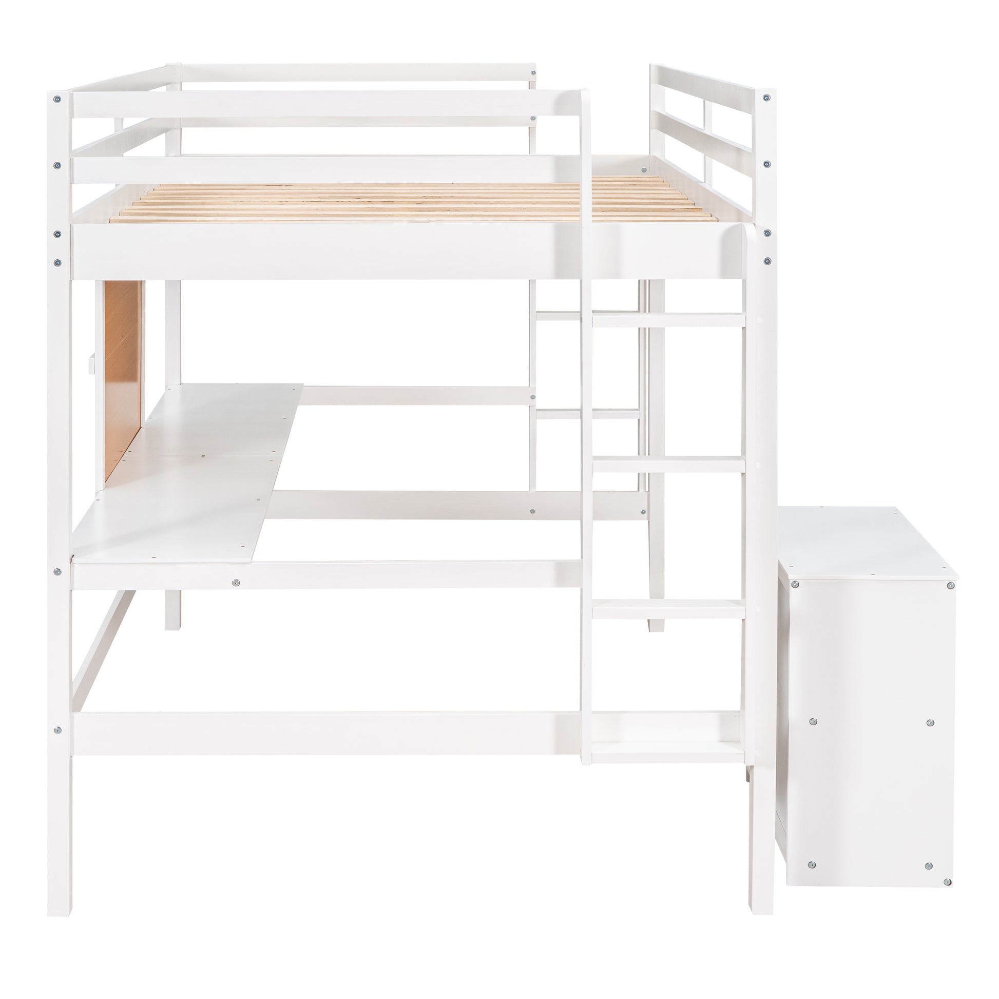 Full Size Loft Bed With Desk And Writing Board, Wooden Loft Bed With Desk & 2 Drawers Cabinet White White Solid Wood