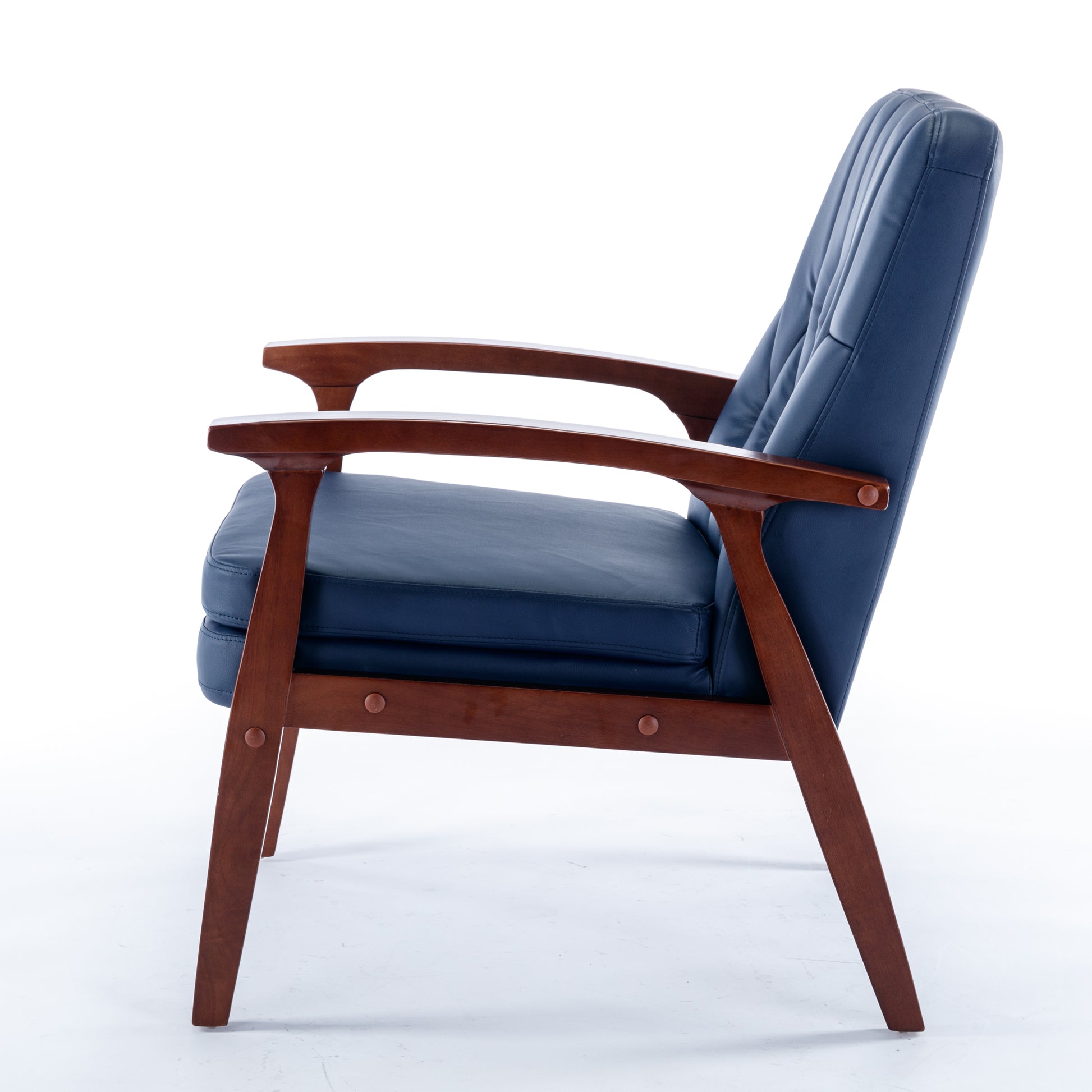 Mid Century Single Armchair Sofa Accent Chair Retro Modern Solid Wood Armrest Accent Chair, Fabric Upholstered Wooden Lounge Chair Navy Navy Pu