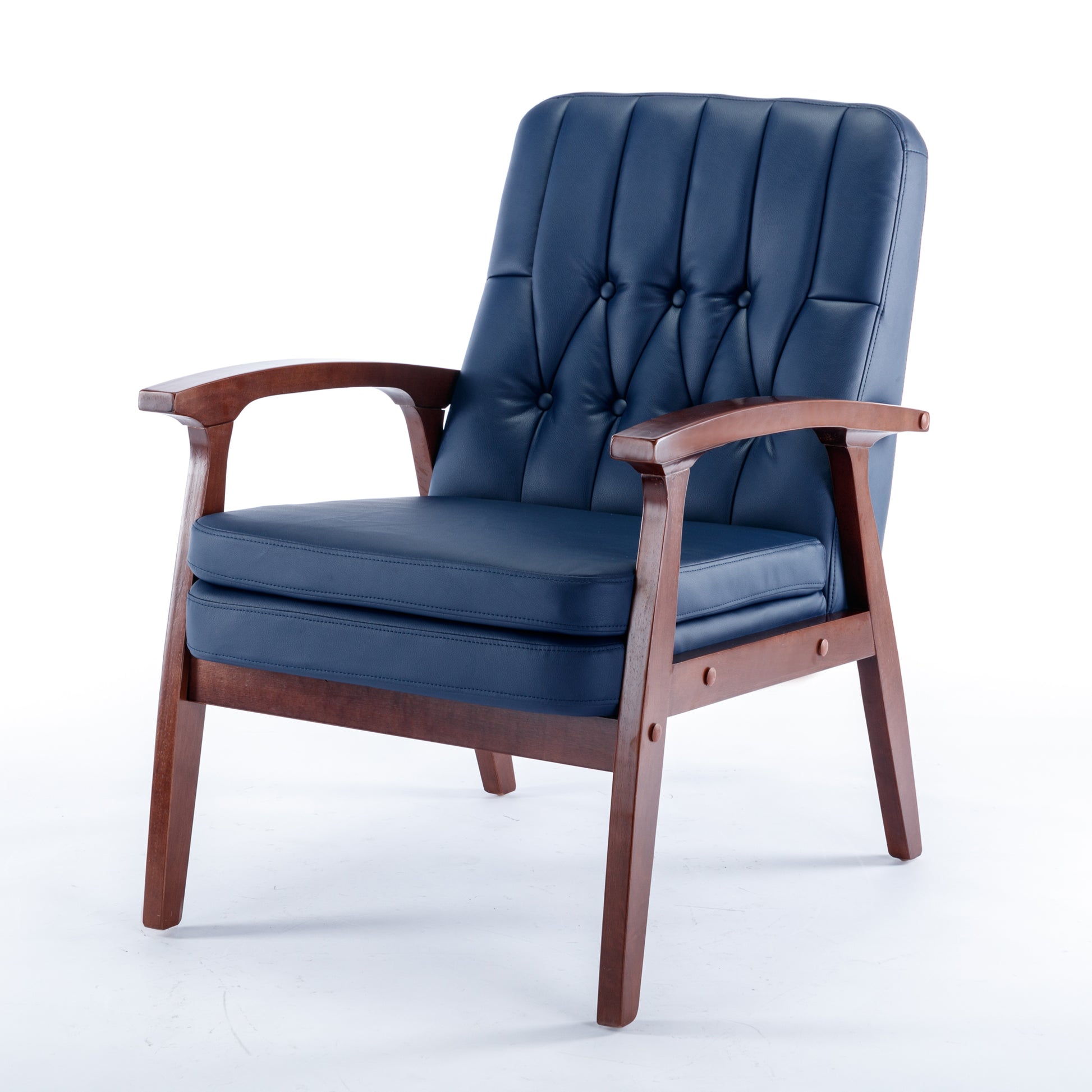 Mid Century Single Armchair Sofa Accent Chair Retro Modern Solid Wood Armrest Accent Chair, Fabric Upholstered Wooden Lounge Chair Navy Navy Pu