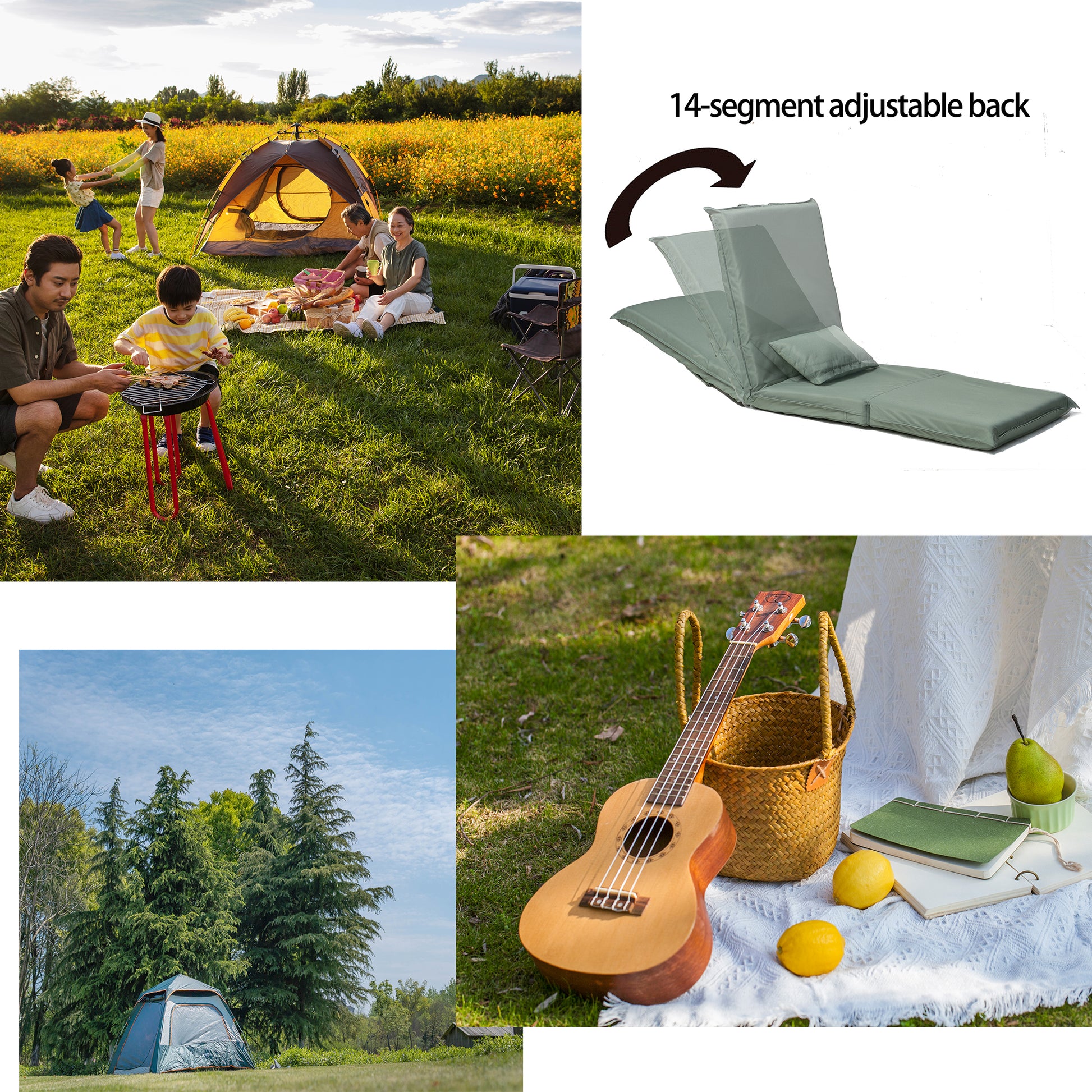 Foldable Portable Chair For Outdoor Travel, Picnic, Bbq,Camping Folding Adults With Carry Bag,Portable Chair For Outdoor Travel, Fourteen Position Adjustable Recliner Light Green Cotton Metal