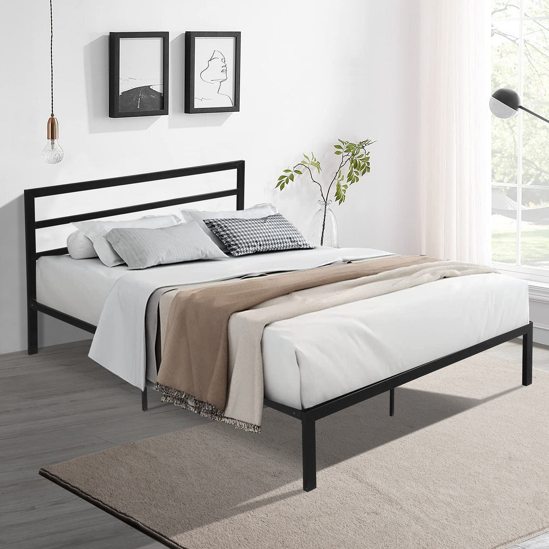 Queen Size Metal Bed Frame With Headboard Black Black Metal