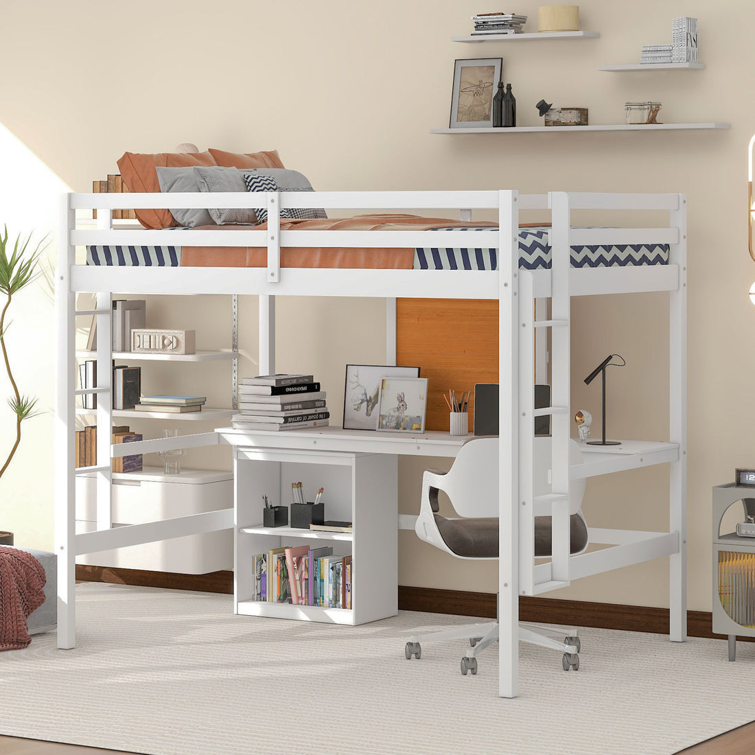 Full Size Loft Bed With Desk And Writing Board, Wooden Loft Bed With Desk & 2 Drawers Cabinet White White Solid Wood