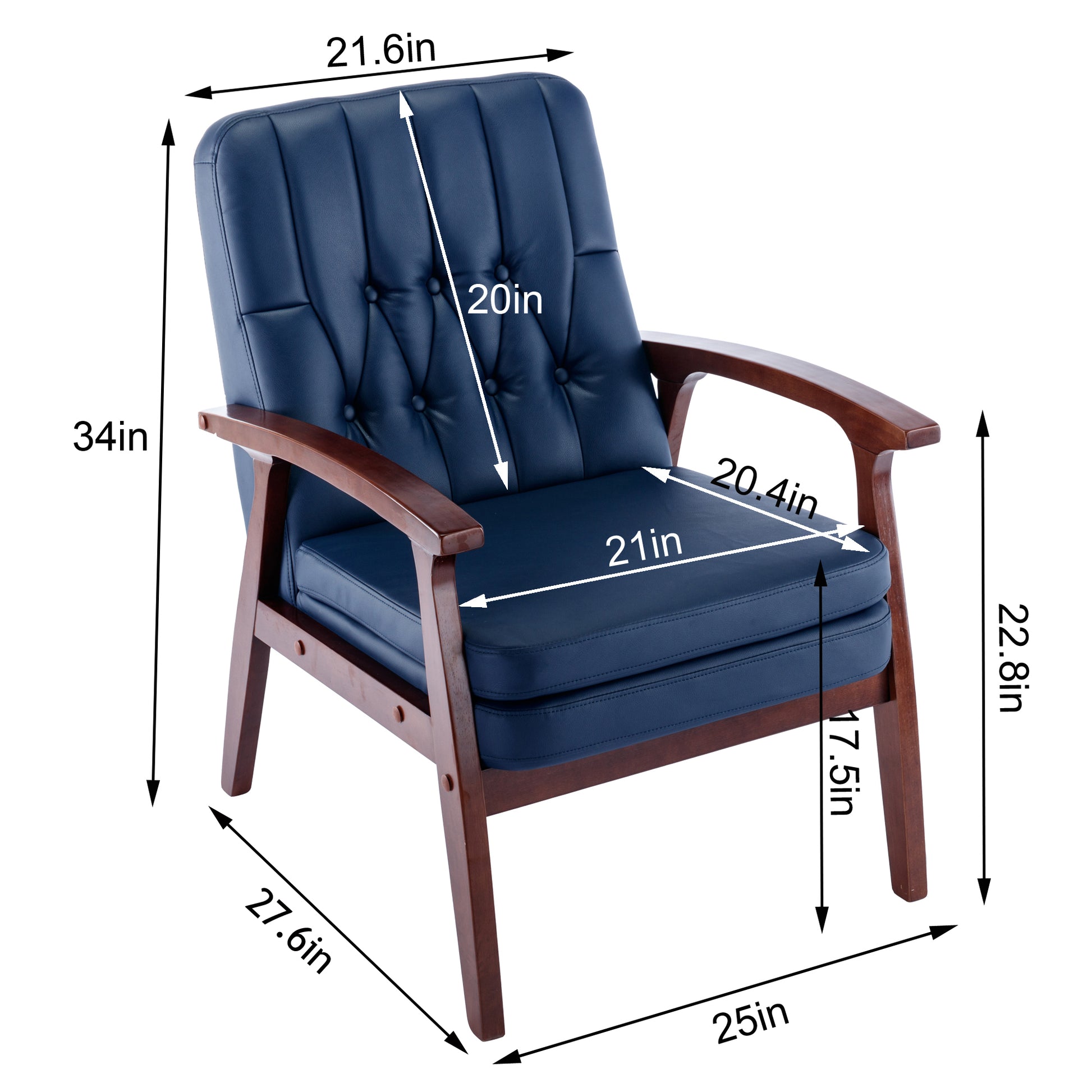 Mid Century Single Armchair Sofa Accent Chair Retro Modern Solid Wood Armrest Accent Chair, Fabric Upholstered Wooden Lounge Chair Navy Navy Pu