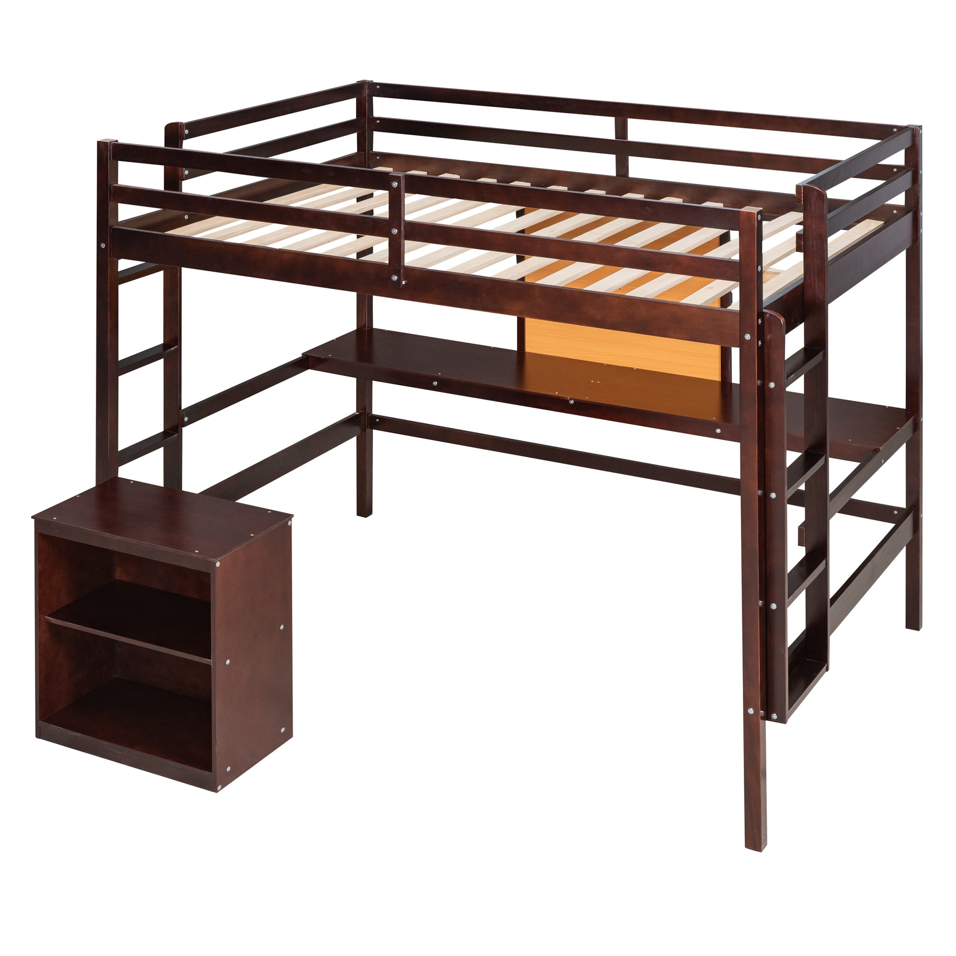 Twin Size Loft Bed With Desk And Writing Board, Wooden Loft Bed With Desk & 2 Drawers Cabinet Espresso Espresso Solid Wood