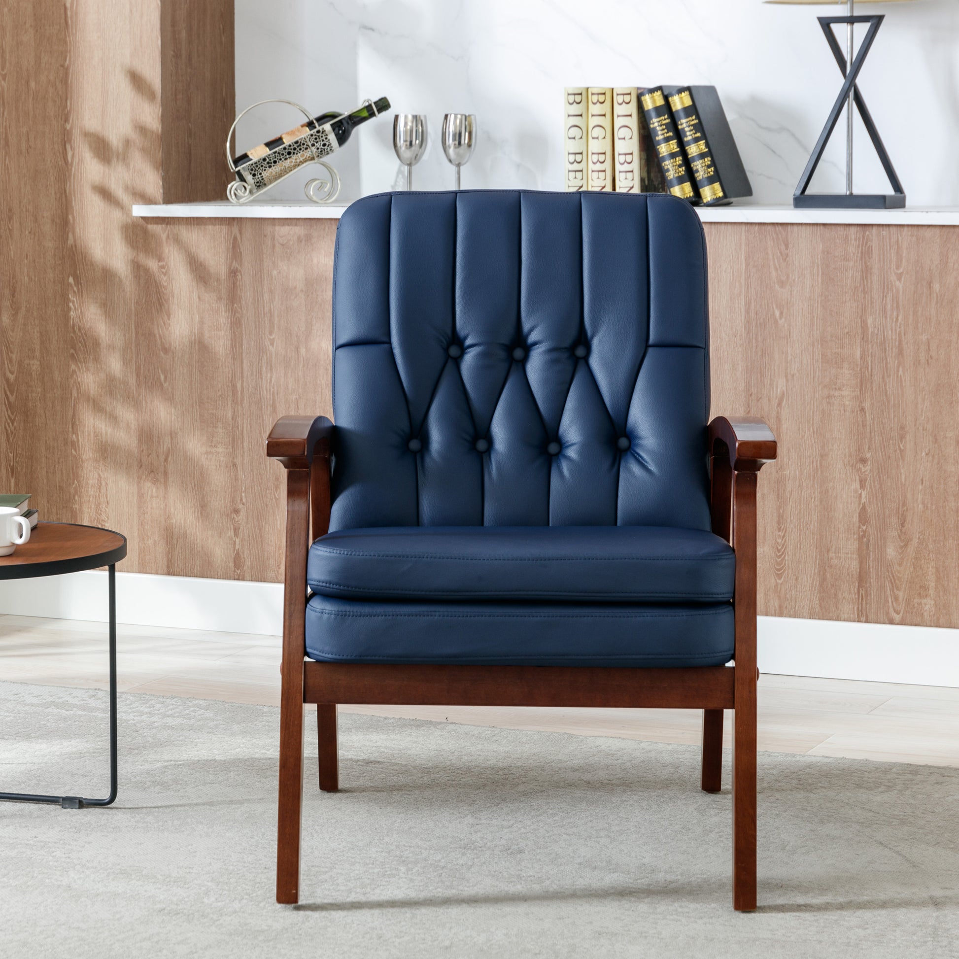 Mid Century Single Armchair Sofa Accent Chair Retro Modern Solid Wood Armrest Accent Chair, Fabric Upholstered Wooden Lounge Chair Navy Navy Pu