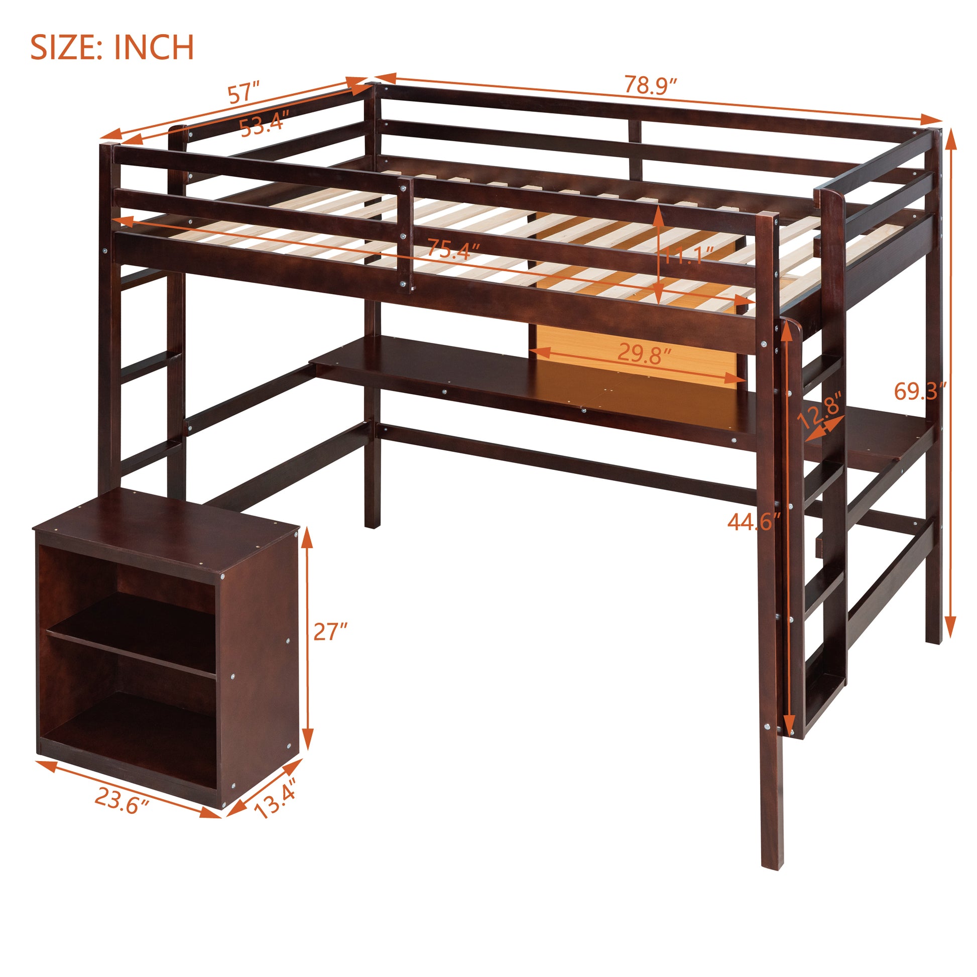 Full Size Loft Bed With Desk And Writing Board, Wooden Loft Bed With Desk & 2 Drawers Cabinet Espresso Espresso Solid Wood