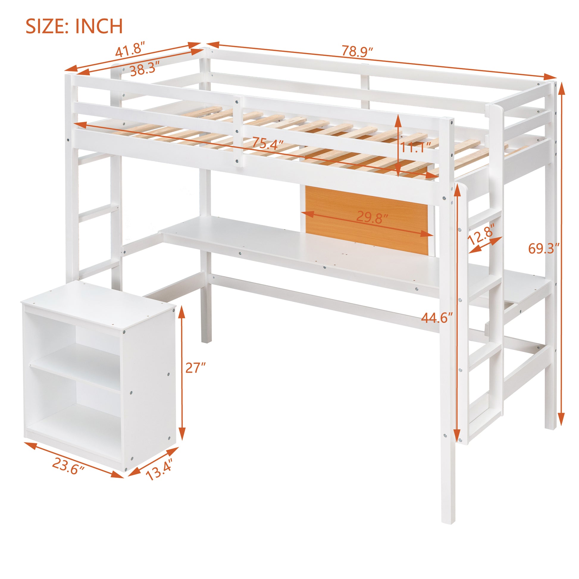 Twin Size Loft Bed With Desk And Writing Board, Wooden Loft Bed With Desk & 2 Drawers Cabinet White White Solid Wood