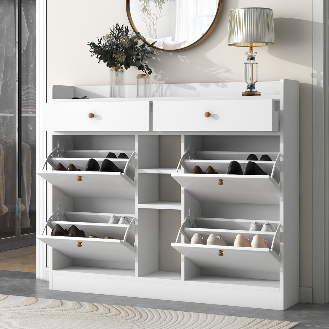 Modern Shoe Cabinet With 4 Flip Drawers, Multifunctional 2 Tier Shoe Storage Organizer With Drawers, Free Standing Shoe Rack For Entrance Hallway, White. White Particle Board