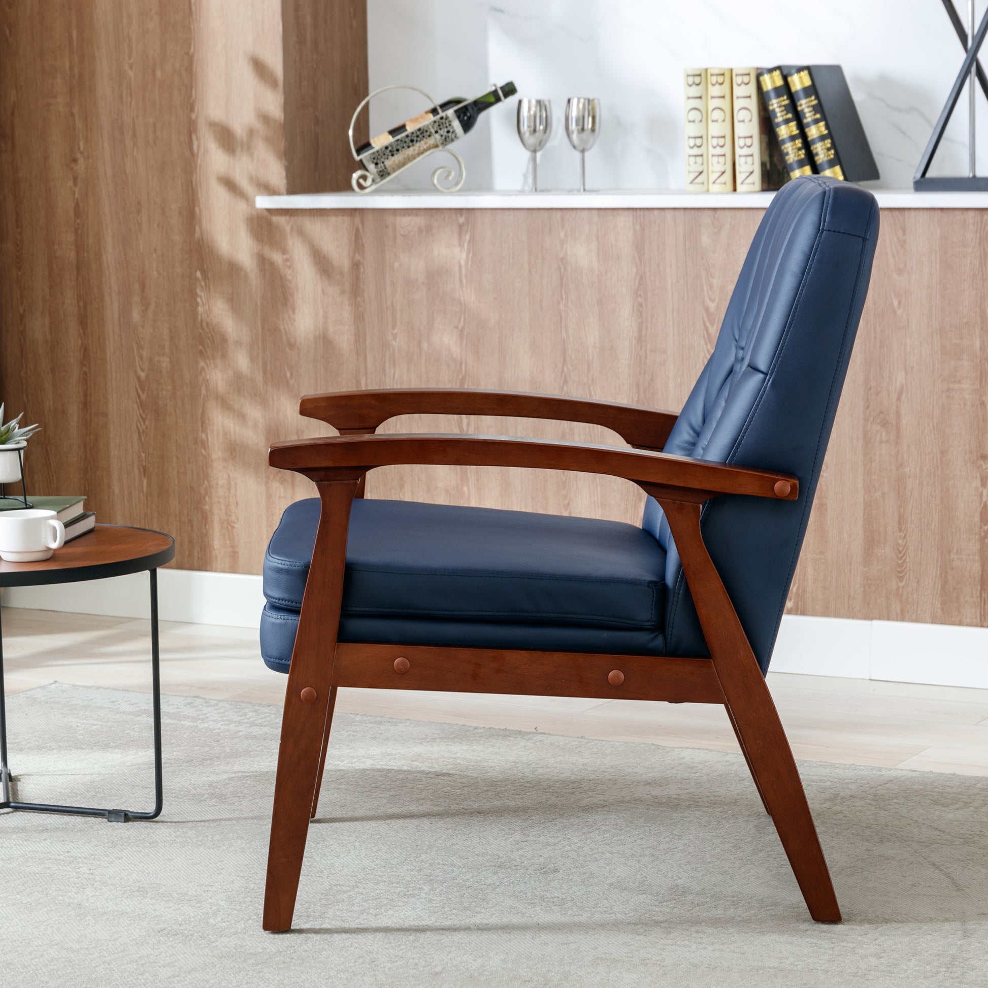Mid Century Single Armchair Sofa Accent Chair Retro Modern Solid Wood Armrest Accent Chair, Fabric Upholstered Wooden Lounge Chair Navy Navy Pu