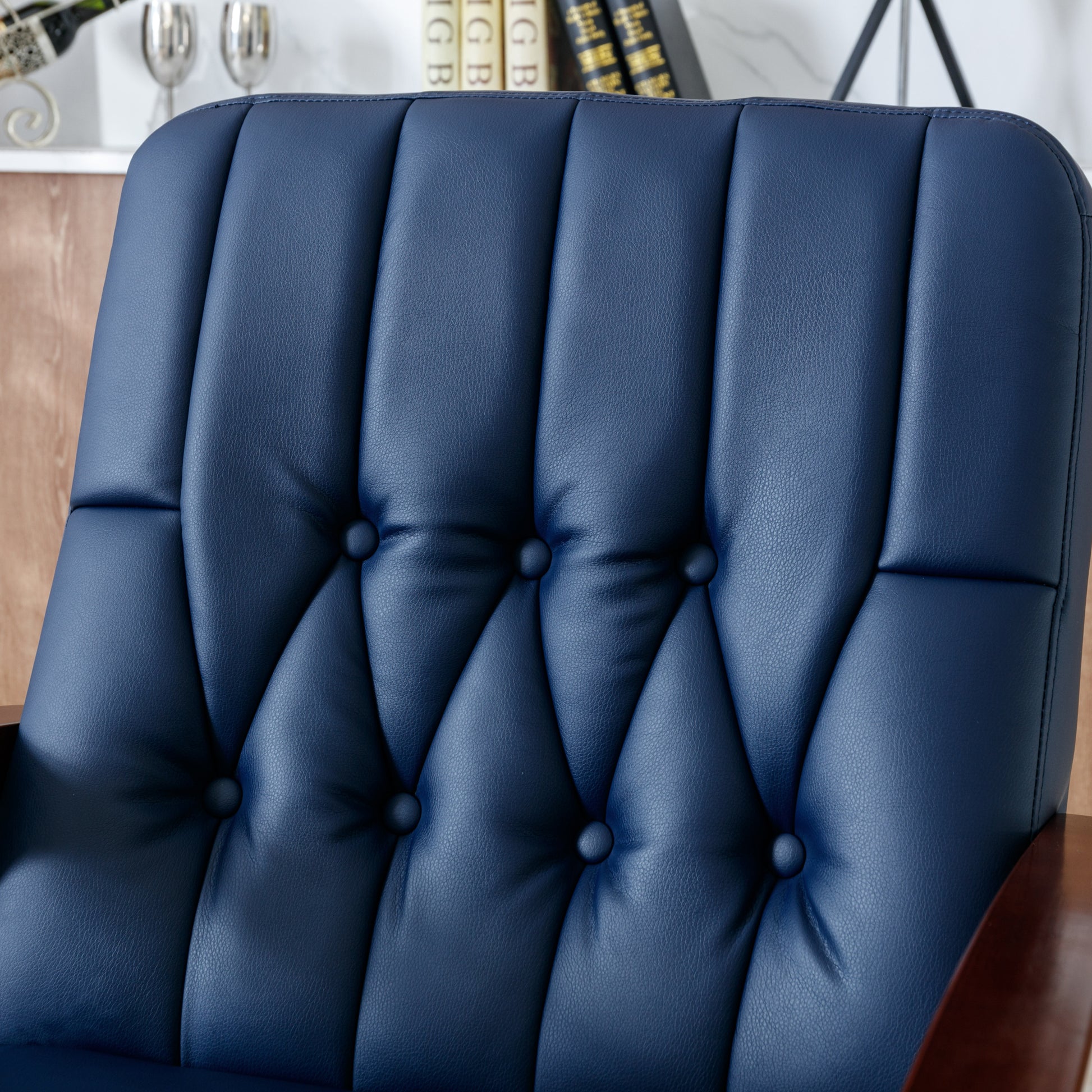 Mid Century Single Armchair Sofa Accent Chair Retro Modern Solid Wood Armrest Accent Chair, Fabric Upholstered Wooden Lounge Chair Navy Navy Pu