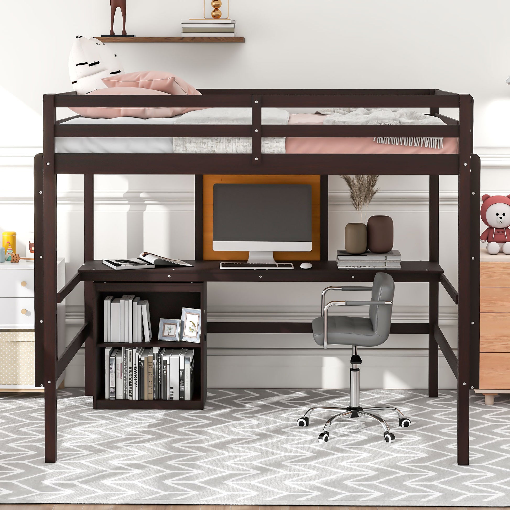 Full Size Loft Bed With Desk And Writing Board, Wooden Loft Bed With Desk & 2 Drawers Cabinet Espresso Espresso Solid Wood