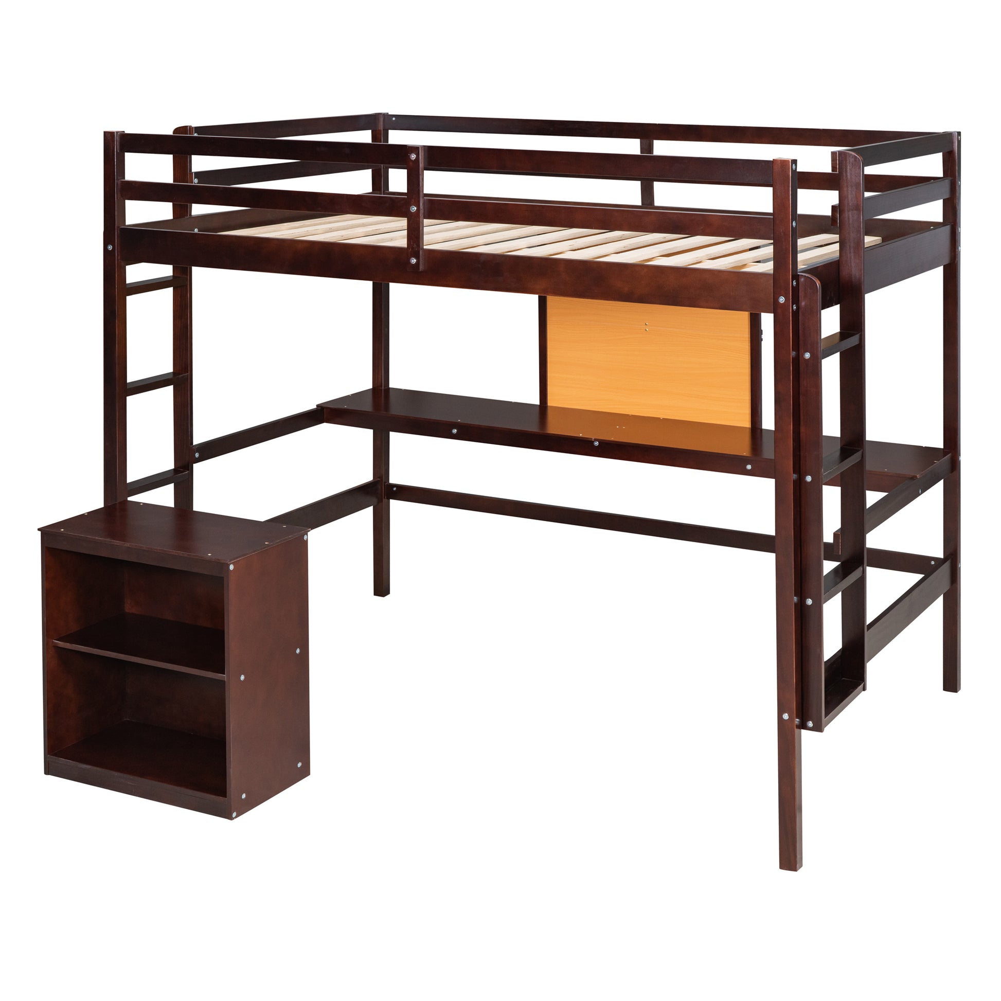 Full Size Loft Bed With Desk And Writing Board, Wooden Loft Bed With Desk & 2 Drawers Cabinet Espresso Espresso Solid Wood