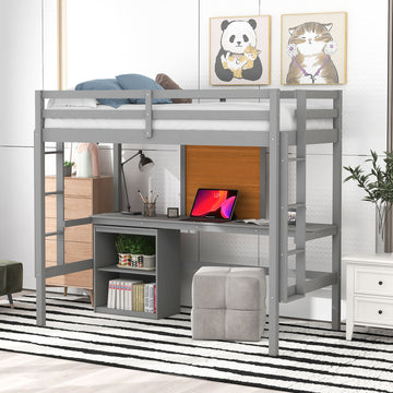 Twin Size Loft Bed With Desk And Writing Board, Wooden Loft Bed With Desk & 2 Drawers Cabinet Gray Gray Solid Wood