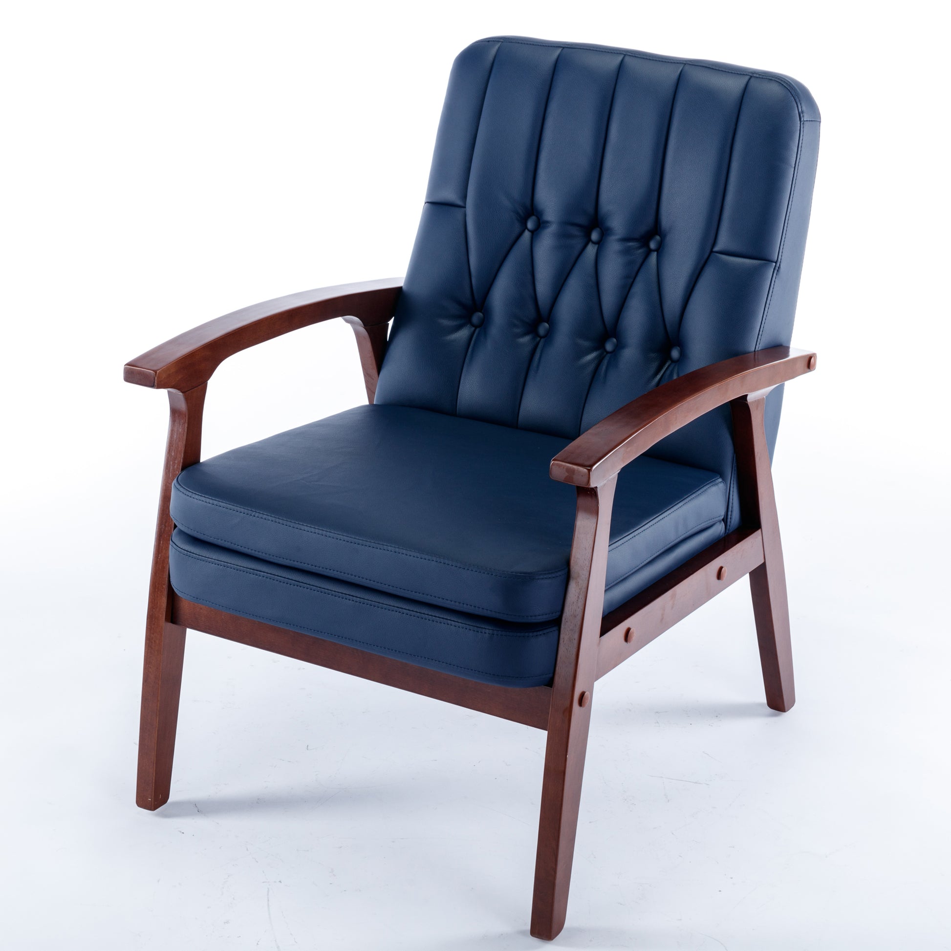 Mid Century Single Armchair Sofa Accent Chair Retro Modern Solid Wood Armrest Accent Chair, Fabric Upholstered Wooden Lounge Chair Navy Navy Pu