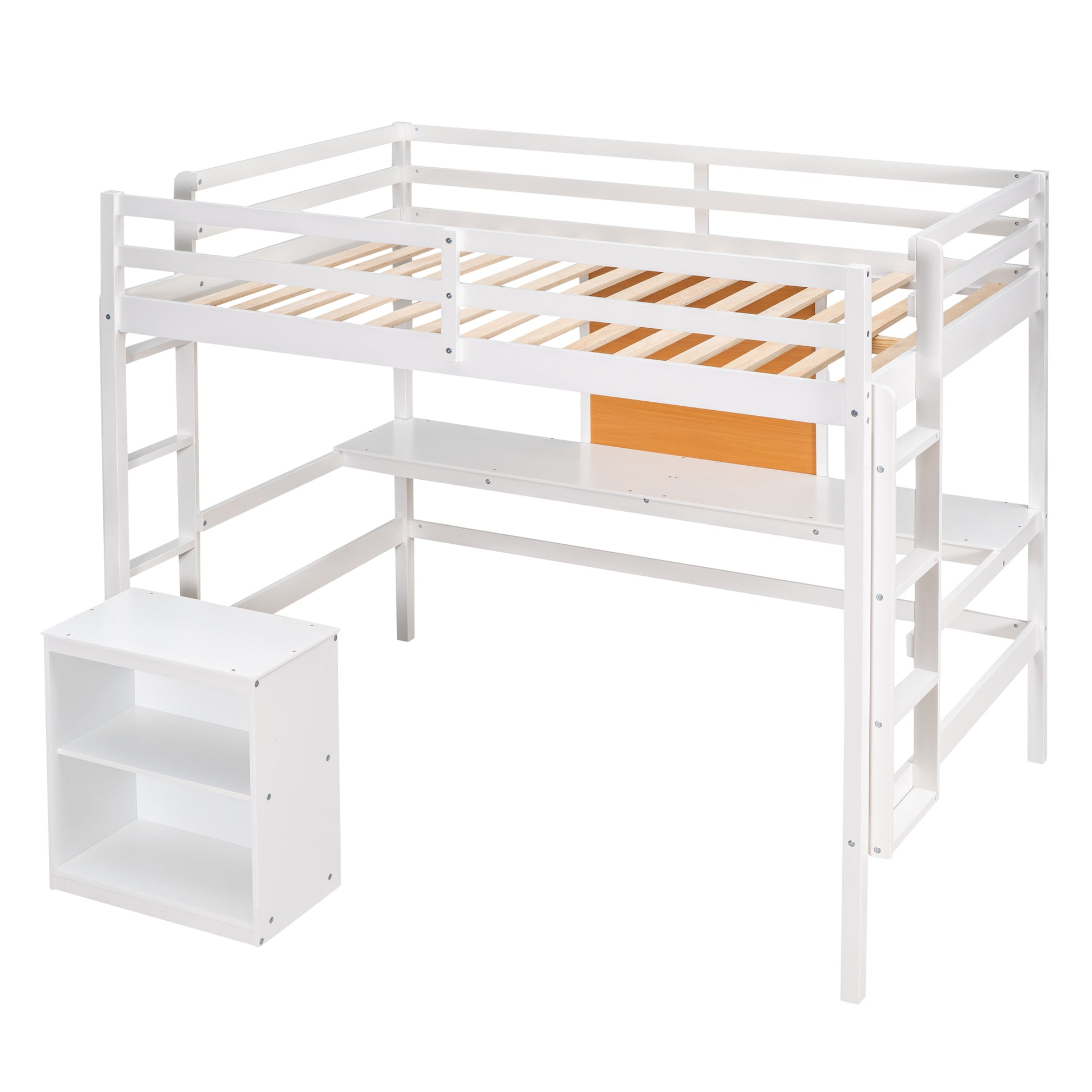 Twin Size Loft Bed With Desk And Writing Board, Wooden Loft Bed With Desk & 2 Drawers Cabinet White White Solid Wood