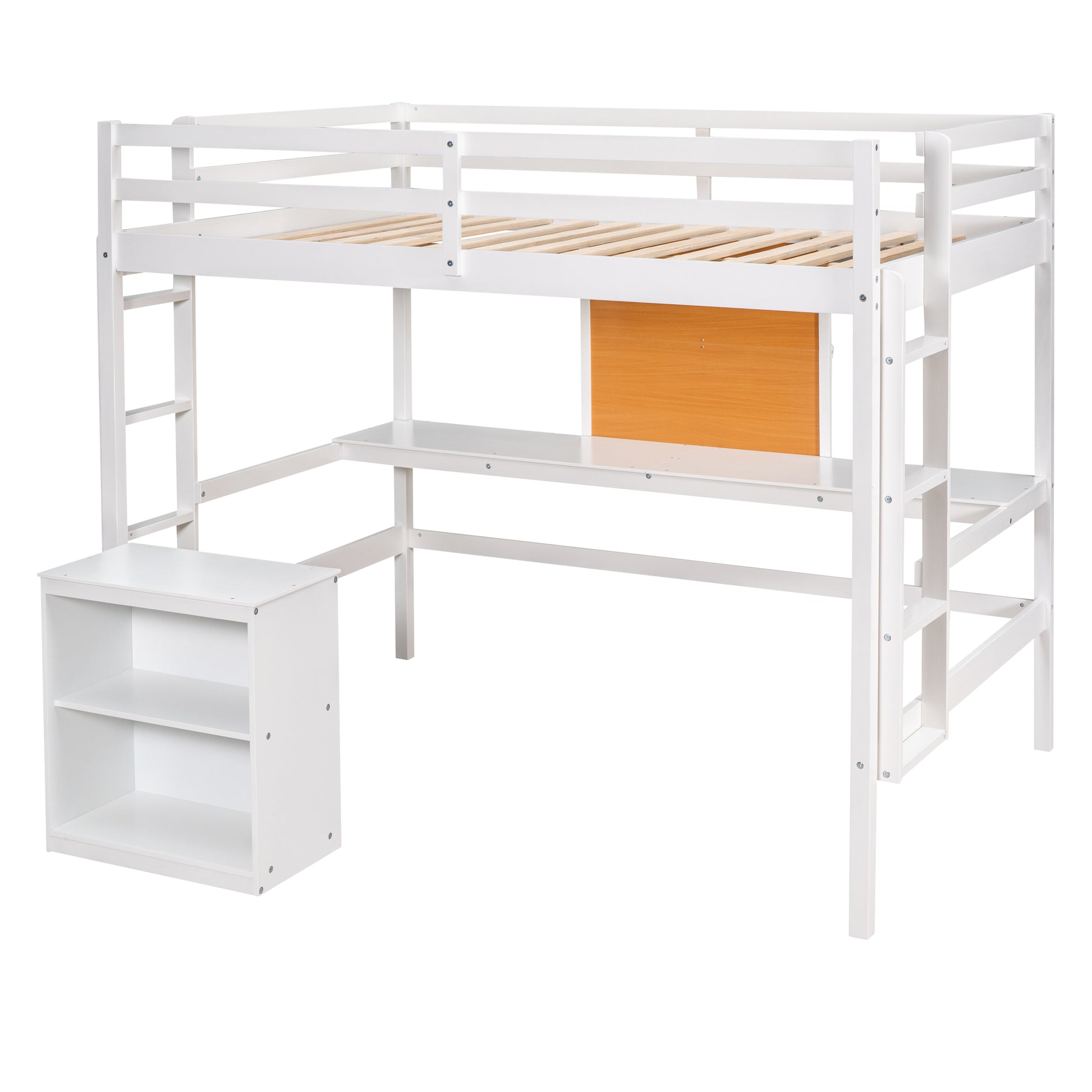 Full Size Loft Bed With Desk And Writing Board, Wooden Loft Bed With Desk & 2 Drawers Cabinet White White Solid Wood