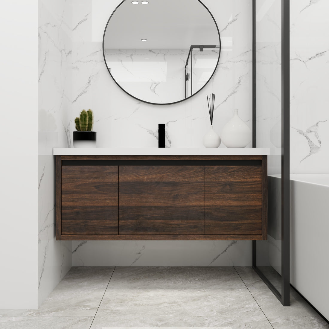 48 Inch Bathroom Cabinet With Sink,Soft Close Doors And Drawer,Float Mounting Design,48X18 California Walnut Bathroom Modern Plywood
