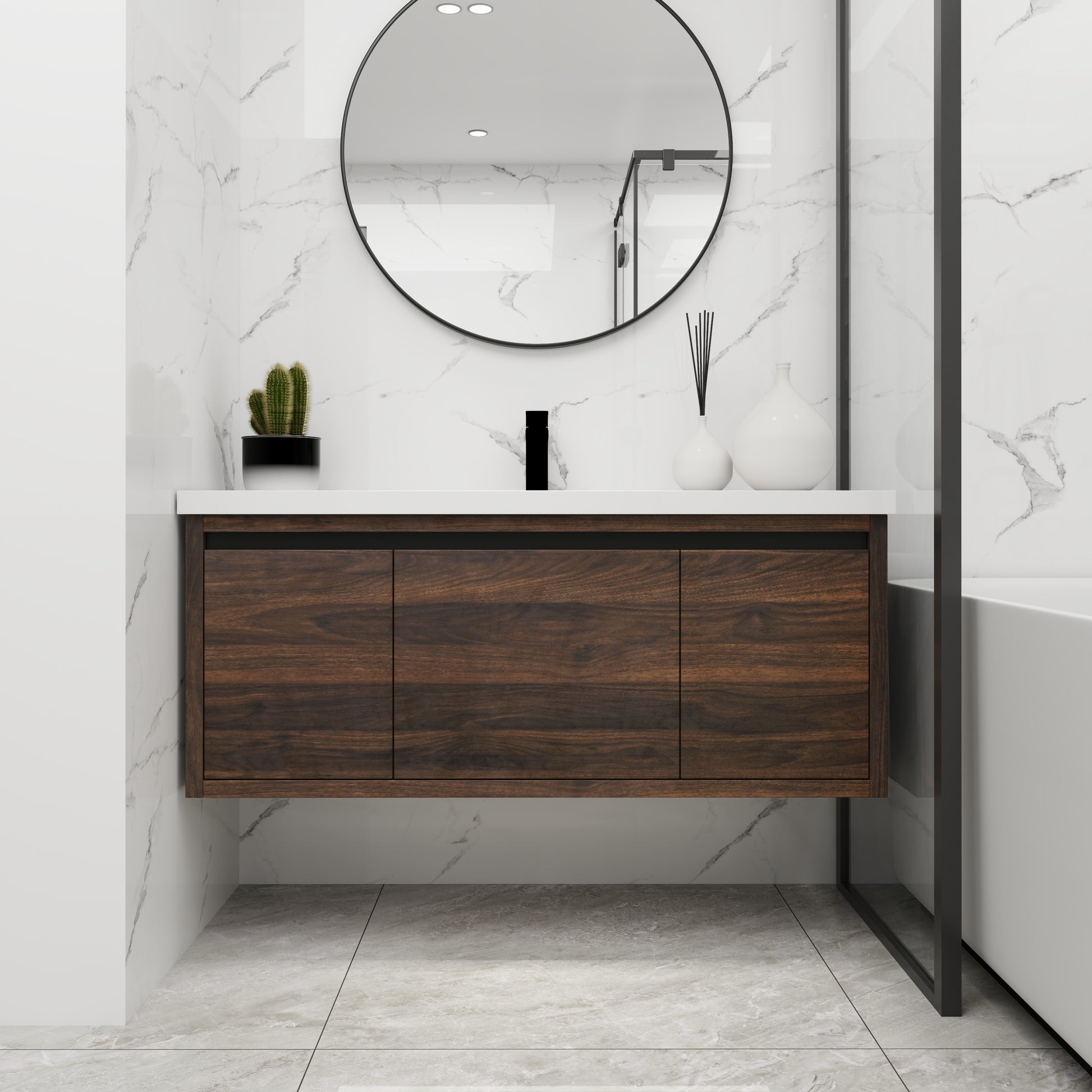 48 Inch Bathroom Cabinet With Sink,Soft Close Doors And Drawer,Float Mounting Design,48X18 California Walnut Bathroom Modern Plywood