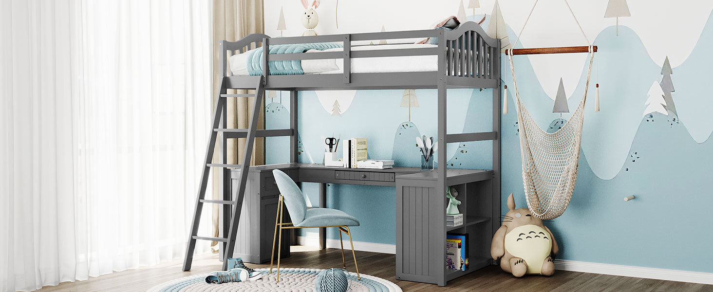 Twin Size Loft Bed With Drawers, Cabinet, Shelves And Desk, Wooden Loft Bed With Desk Gray Old Sku :Lt000505Aae Gray Solid Wood