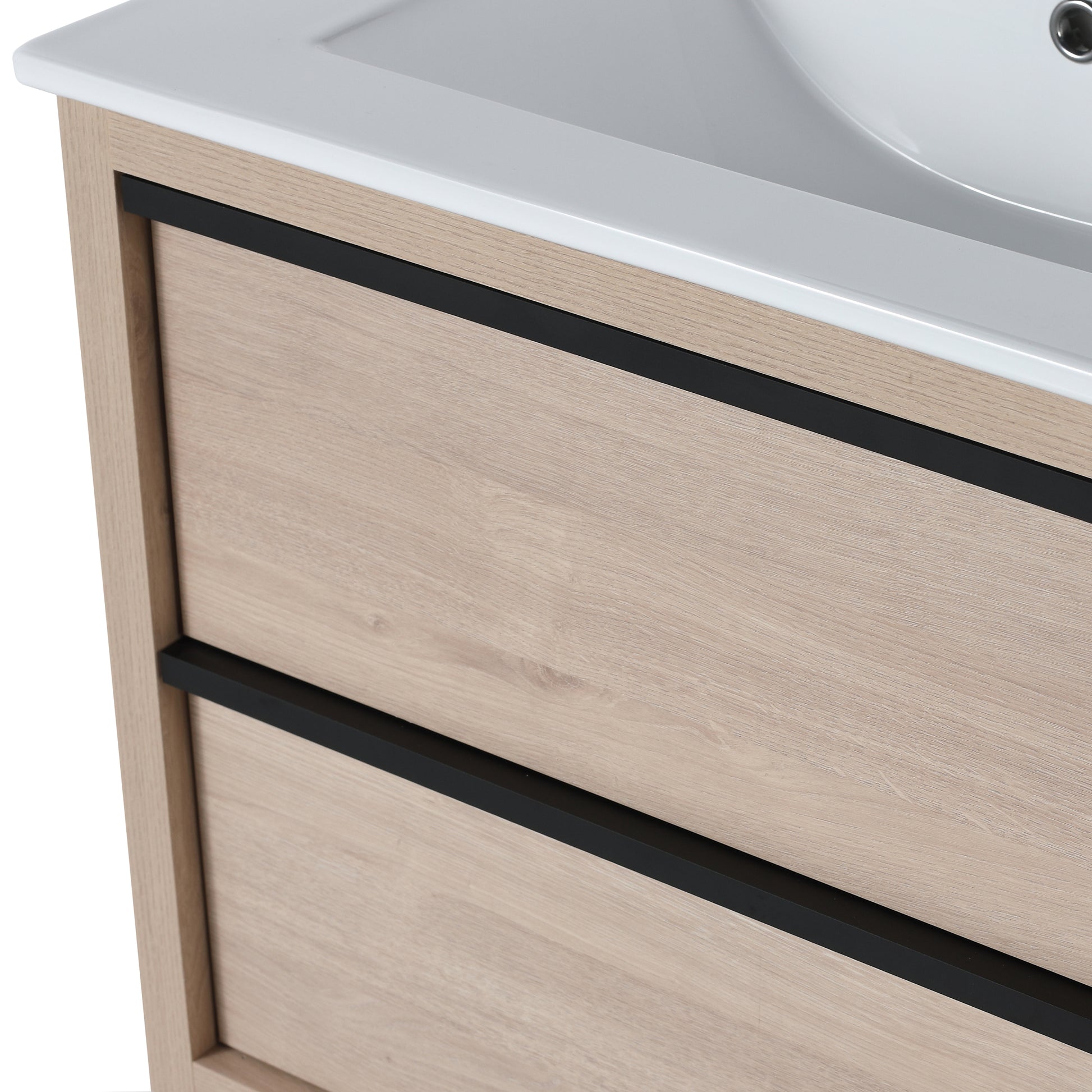 24" Bathroom Vanity With 2 Soft Close Drawers, White Ceramic Basin Bva02524Plo G Bl9060B W1286S00034 2 Plain Light Oak Bathroom Wall Mounted Modern Plywood