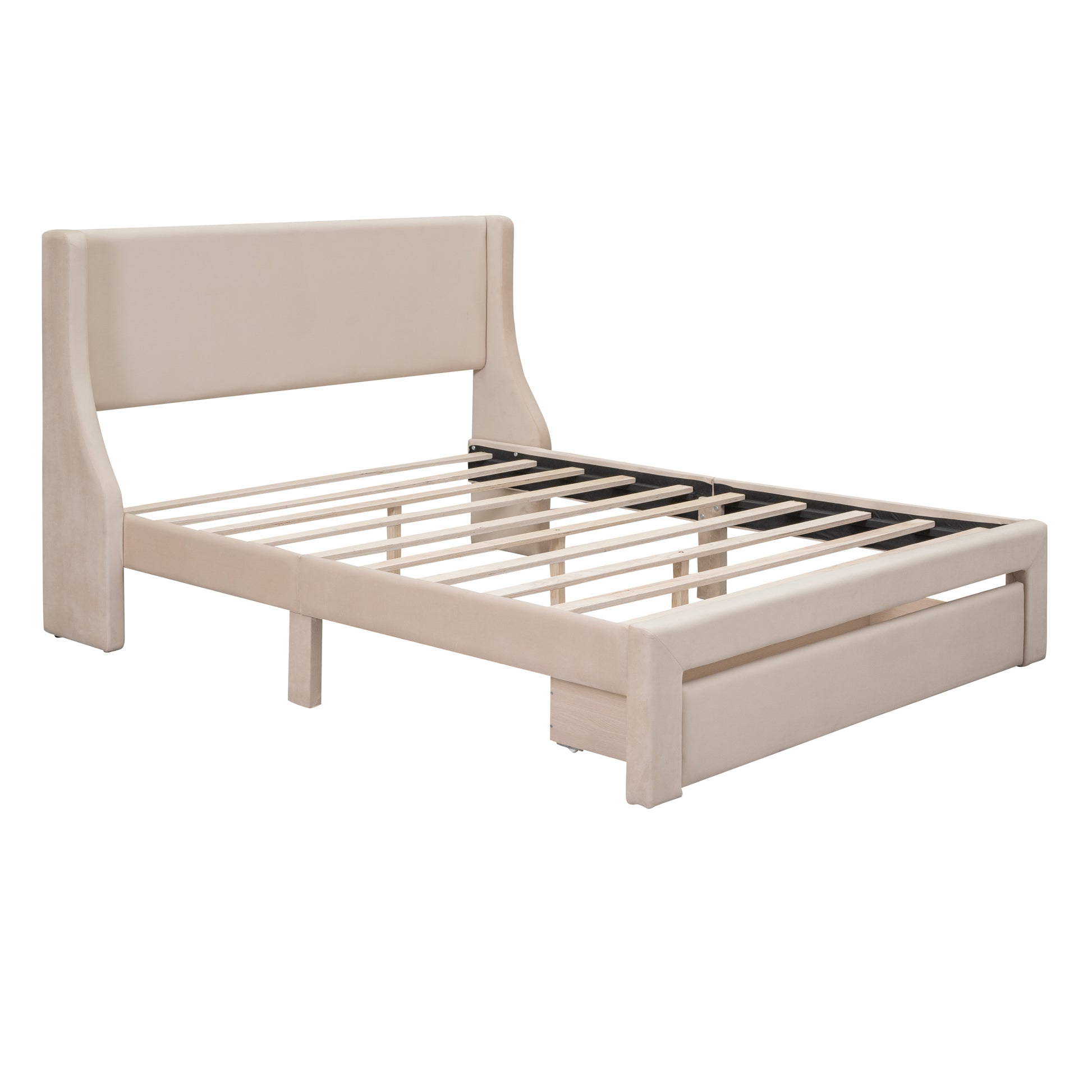 Queen Size Storage Bed Velvet Upholstered Platform Bed With A Big Drawer Beige Beige Velvet