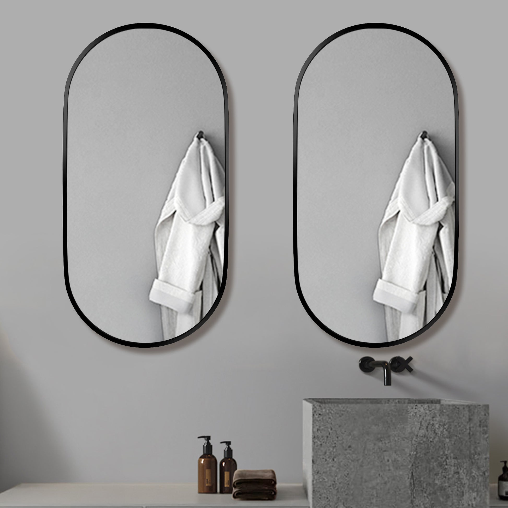 Wall Mounted Mirror 36"X18" Oval Bathroom Mirror Black Vanity Wall Mirror Pre Set Hooks For Vertical Or Horizontal Hang Ideal For Bedroom,Bathroom Black Modern Aluminium