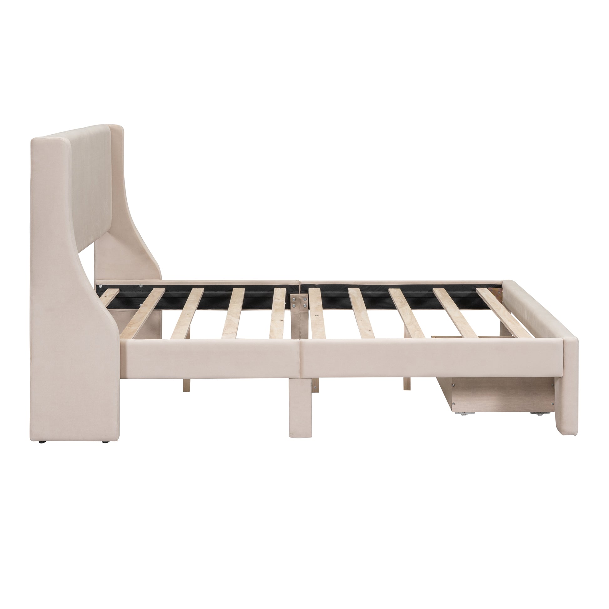 Full Size Storage Bed Velvet Upholstered Platform Bed With A Big Drawer Beige Beige Velvet