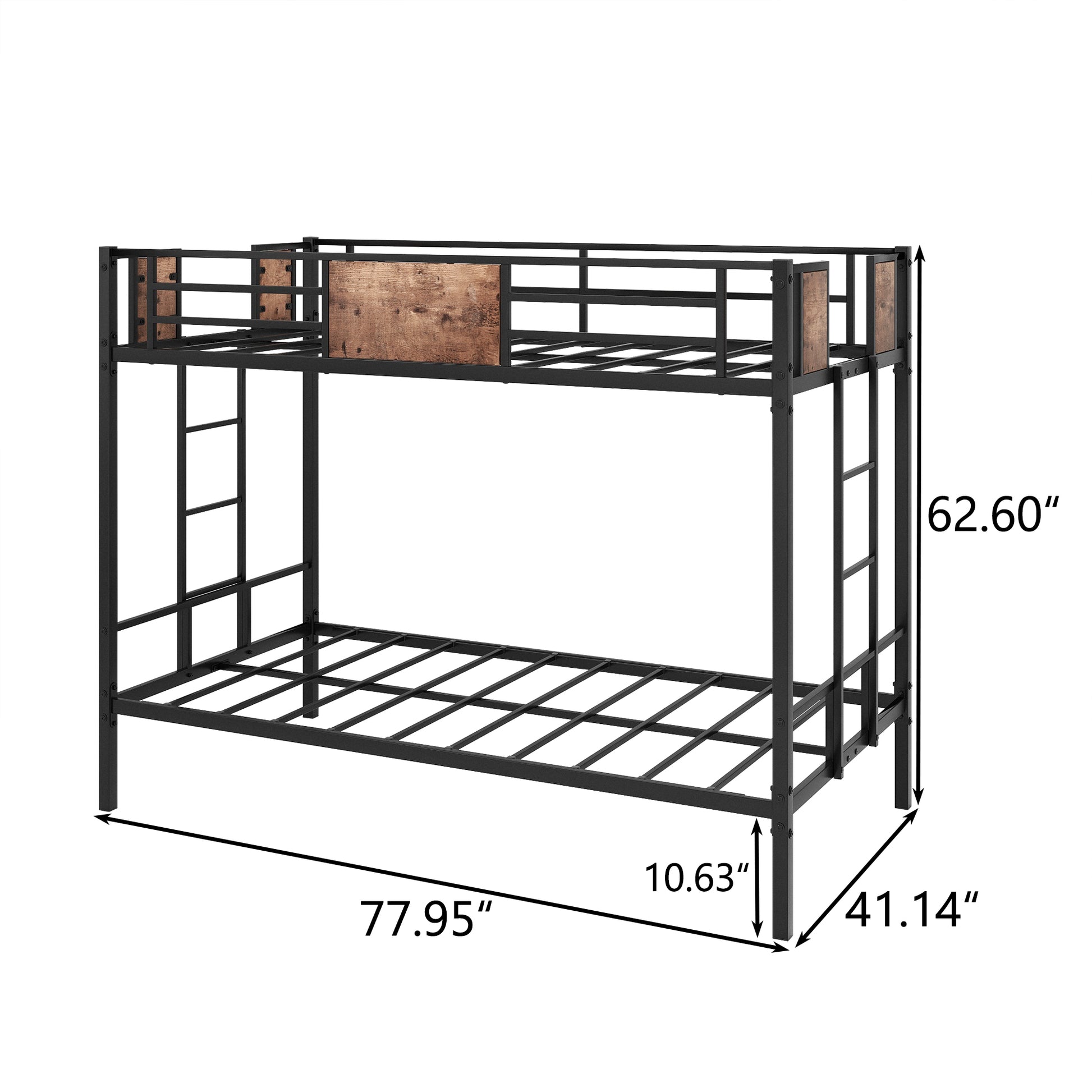 Twin Over Twin Size Metal Bunk Bed Black Box Spring Not Required Twin Black Metal Brown Bedroom Bed Frame Mdf Steel