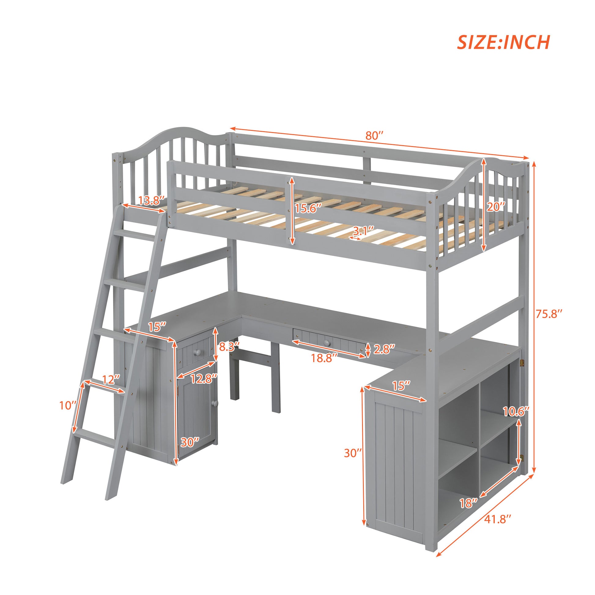 Twin Size Loft Bed With Drawers, Cabinet, Shelves And Desk, Wooden Loft Bed With Desk Gray Old Sku :Lt000505Aae Gray Solid Wood