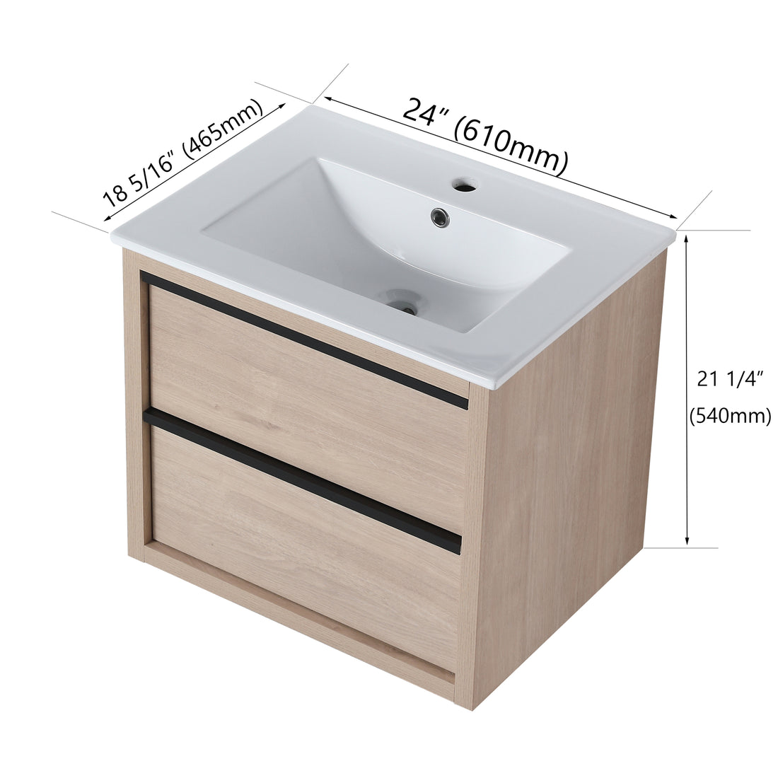 24" Bathroom Vanity With 2 Soft Close Drawers, White Ceramic Basin Bva02524Plo G Bl9060B W1286S00034 2 Plain Light Oak Bathroom Wall Mounted Modern Plywood