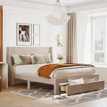 Queen Size Storage Bed Velvet Upholstered Platform Bed With A Big Drawer Beige Beige Velvet