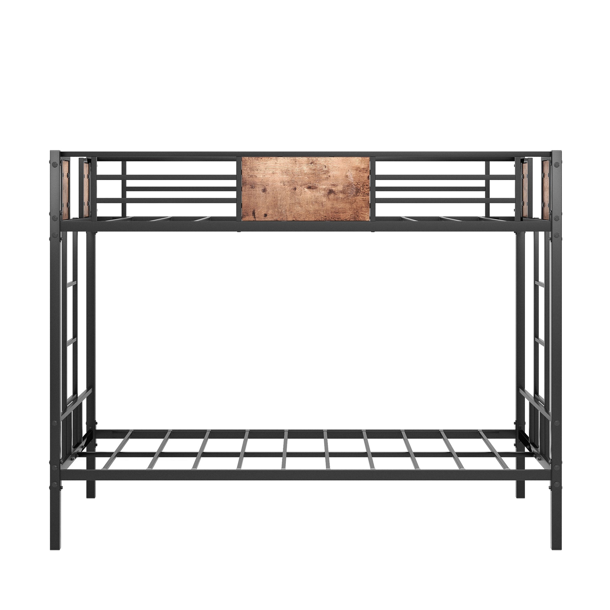 Twin Over Twin Size Metal Bunk Bed Black Box Spring Not Required Twin Black Metal Brown Bedroom Bed Frame Mdf Steel