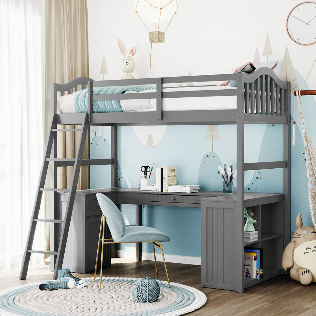 Twin Size Loft Bed With Drawers, Cabinet, Shelves And Desk, Wooden Loft Bed With Desk Gray Old Sku :Lt000505Aae Gray Solid Wood