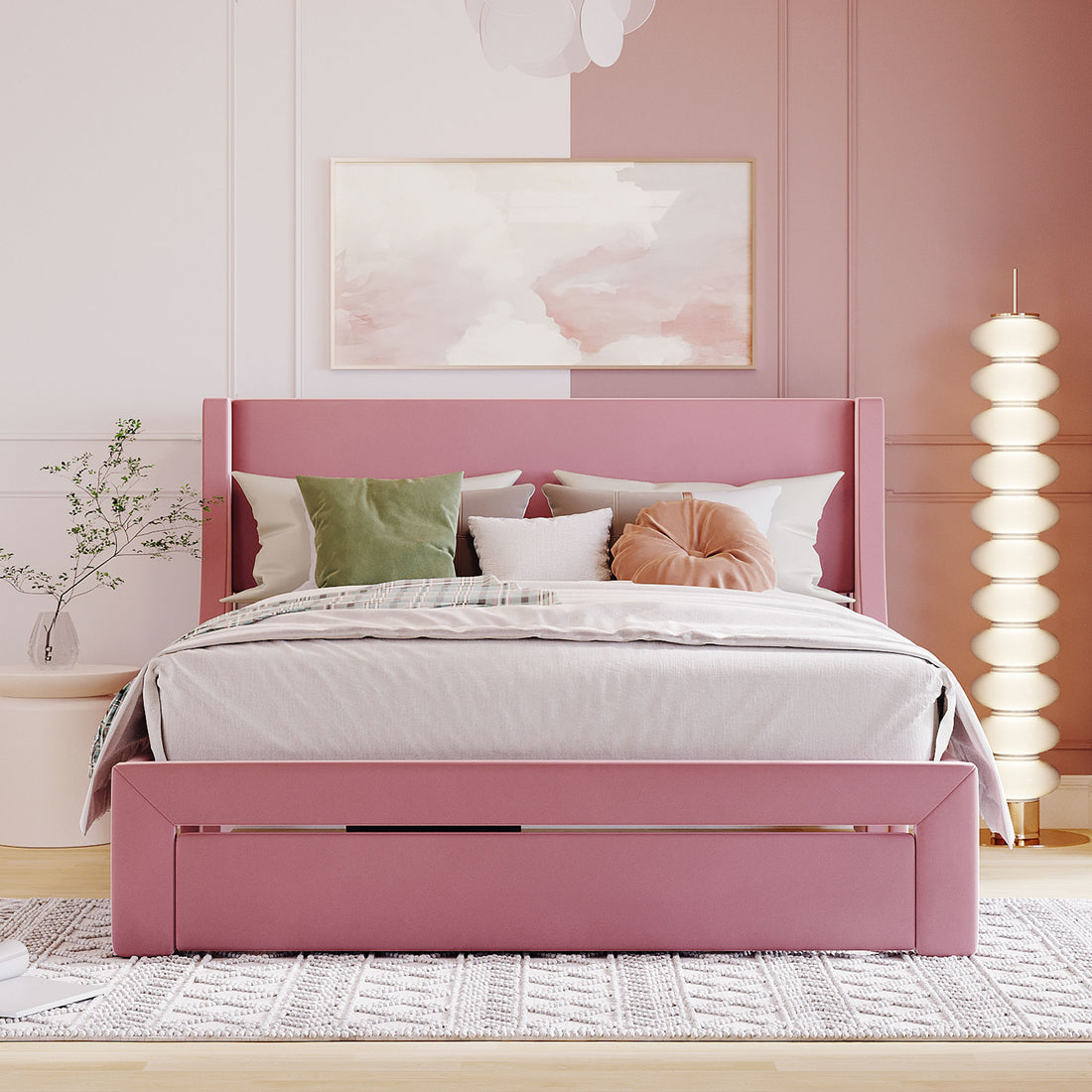 Queen Size Storage Bed Velvet Upholstered Platform Bed With A Big Drawer Pink Pink Velvet