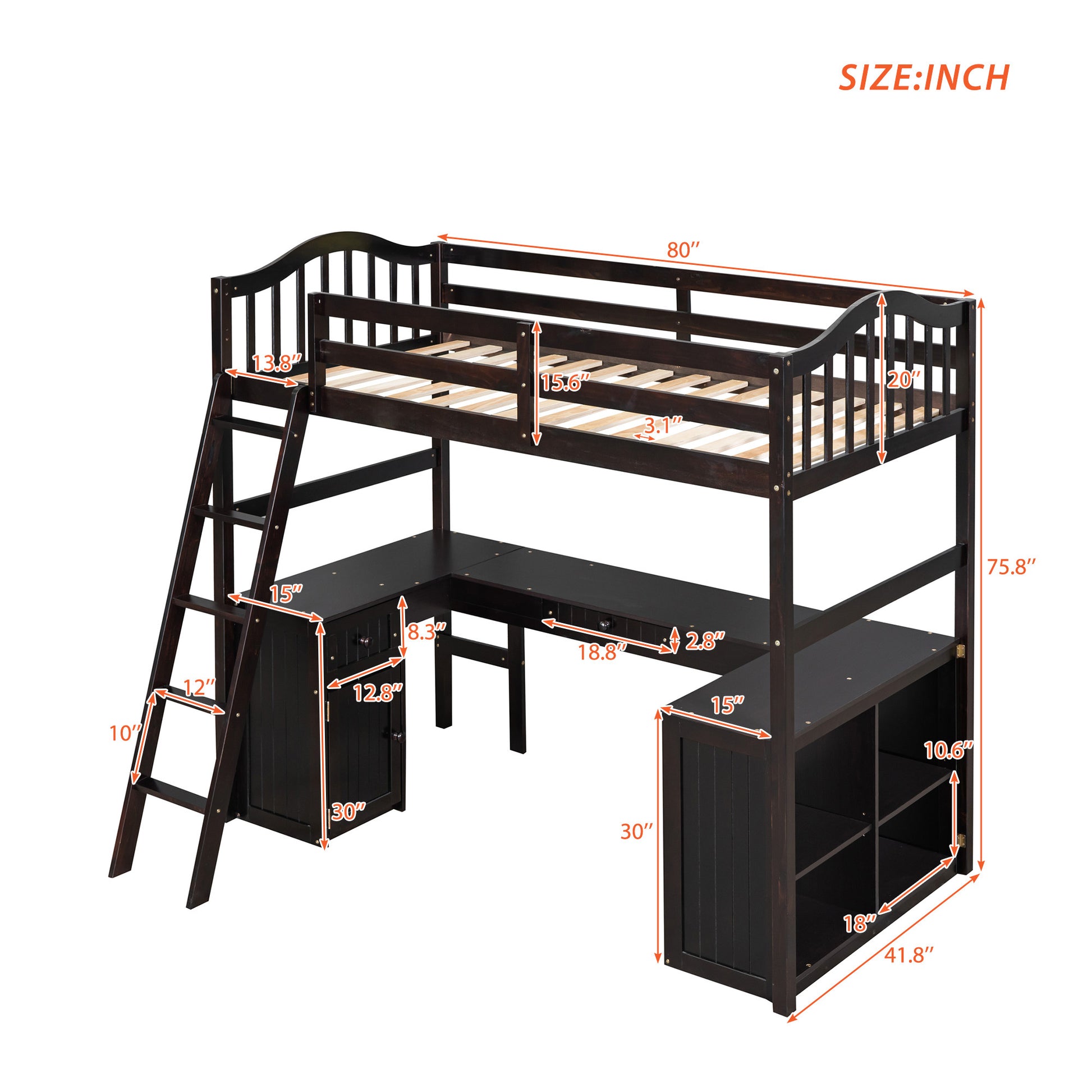 Twin Size Loft Bed With Drawers, Cabinet, Shelves And Desk, Wooden Loft Bed With Desk Espresso Old Sku :Lt000505Aap Espresso Solid Wood