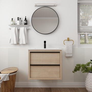 24" Bathroom Vanity With 2 Soft Close Drawers, White Ceramic Basin Bva02524Plo G Bl9060B W1286S00034 2 Plain Light Oak Bathroom Wall Mounted Modern Plywood