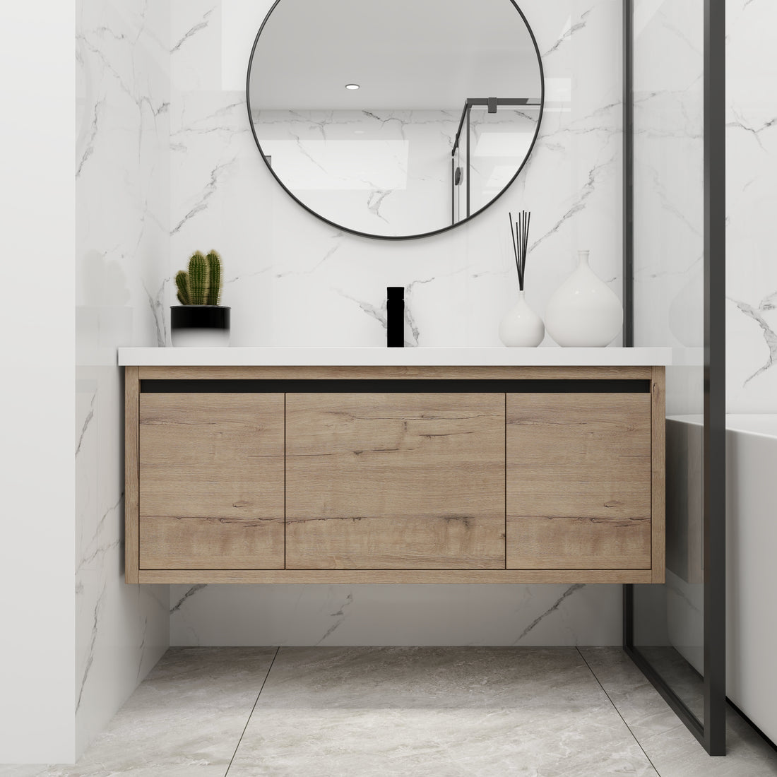 48 Inch Bathroom Cabinet With Sink,Soft Close Doors And Drawer,Float Mounting Design,48X18 Imitative Oak Bathroom Modern Plywood