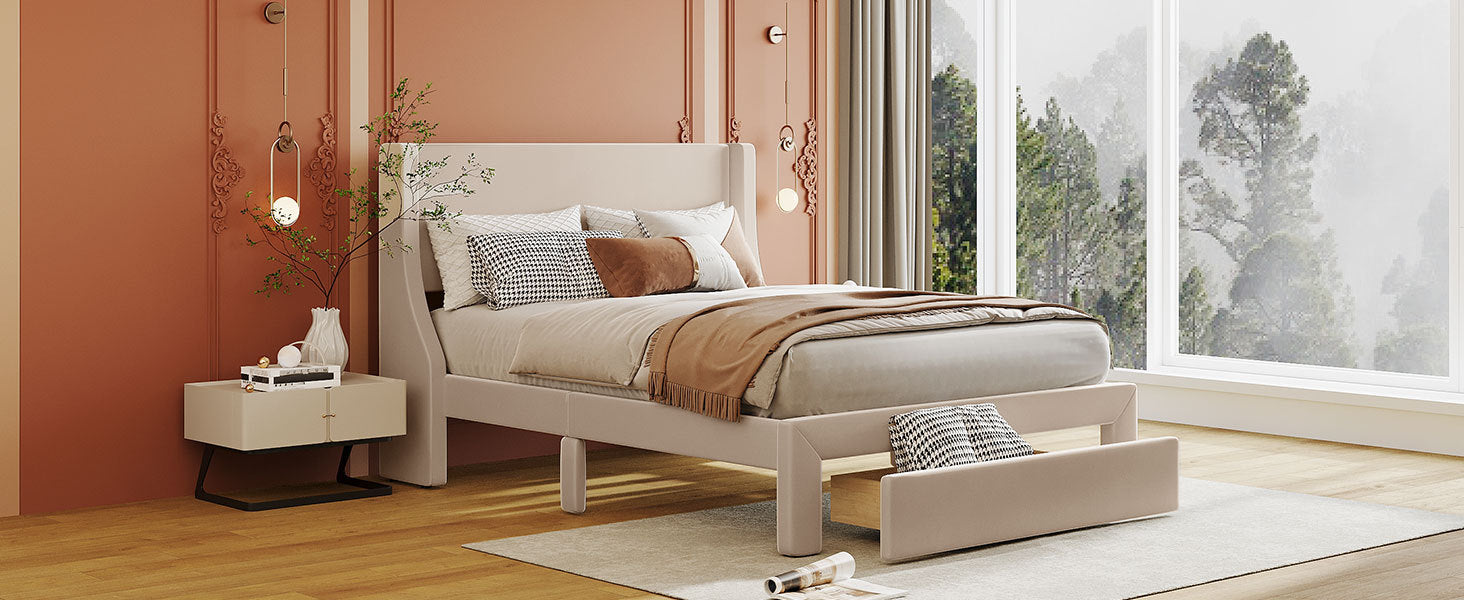 Full Size Storage Bed Velvet Upholstered Platform Bed With A Big Drawer Beige Beige Velvet